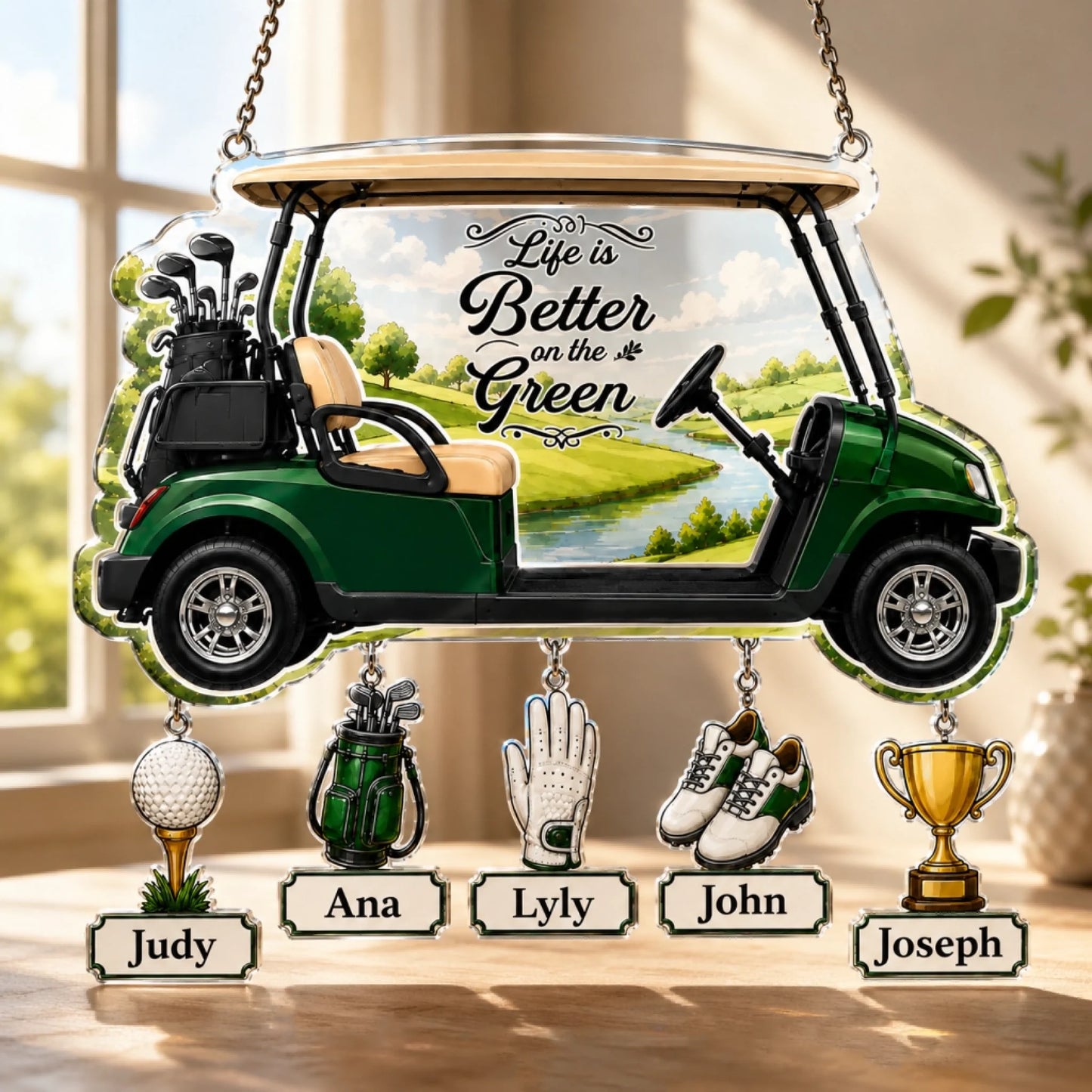 Custom golf suncatcher ornament with kids names – unique golfer dad gift window decor