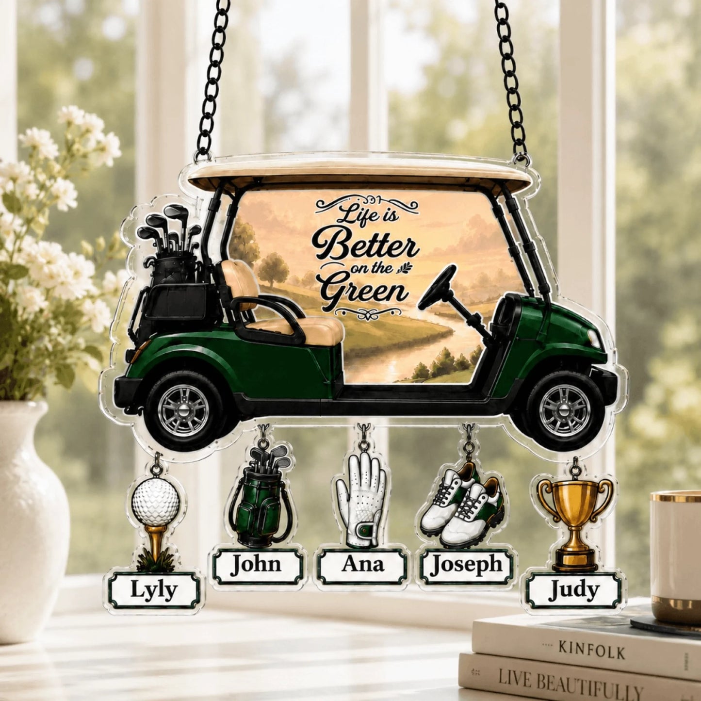 Custom golf suncatcher ornament with kids names – unique golfer dad gift window decor