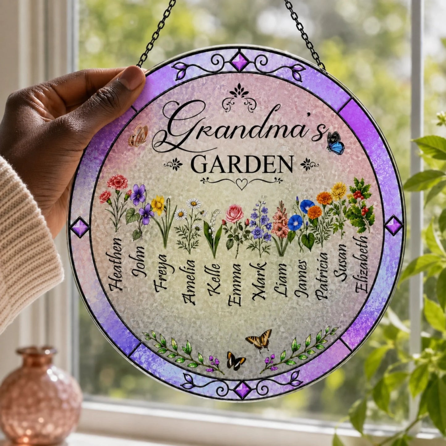 Custom Grandma's Garden suncatcher for home decor featuring floral accents and personalized names for a sentimental gift.