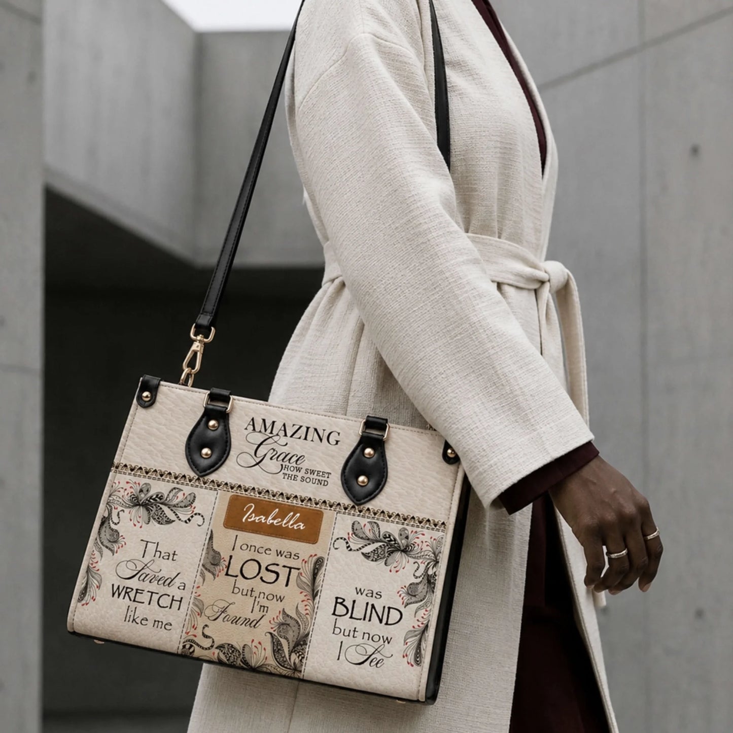 Stylish custom tote bag printed with Amazing Grace and the name Isabella, suitable for church or everyday use.