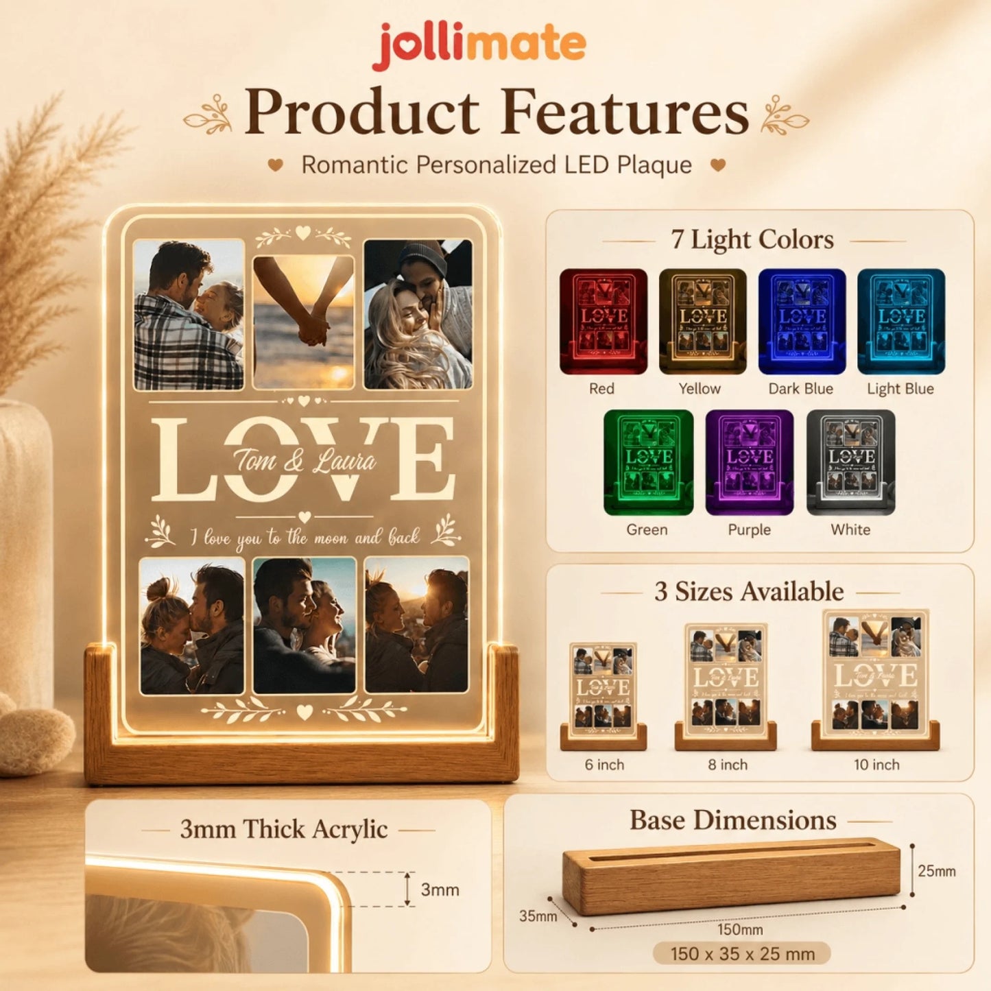 Features of a custom LED acrylic plaque for gifts including seven light colors three size options and durable wooden base.