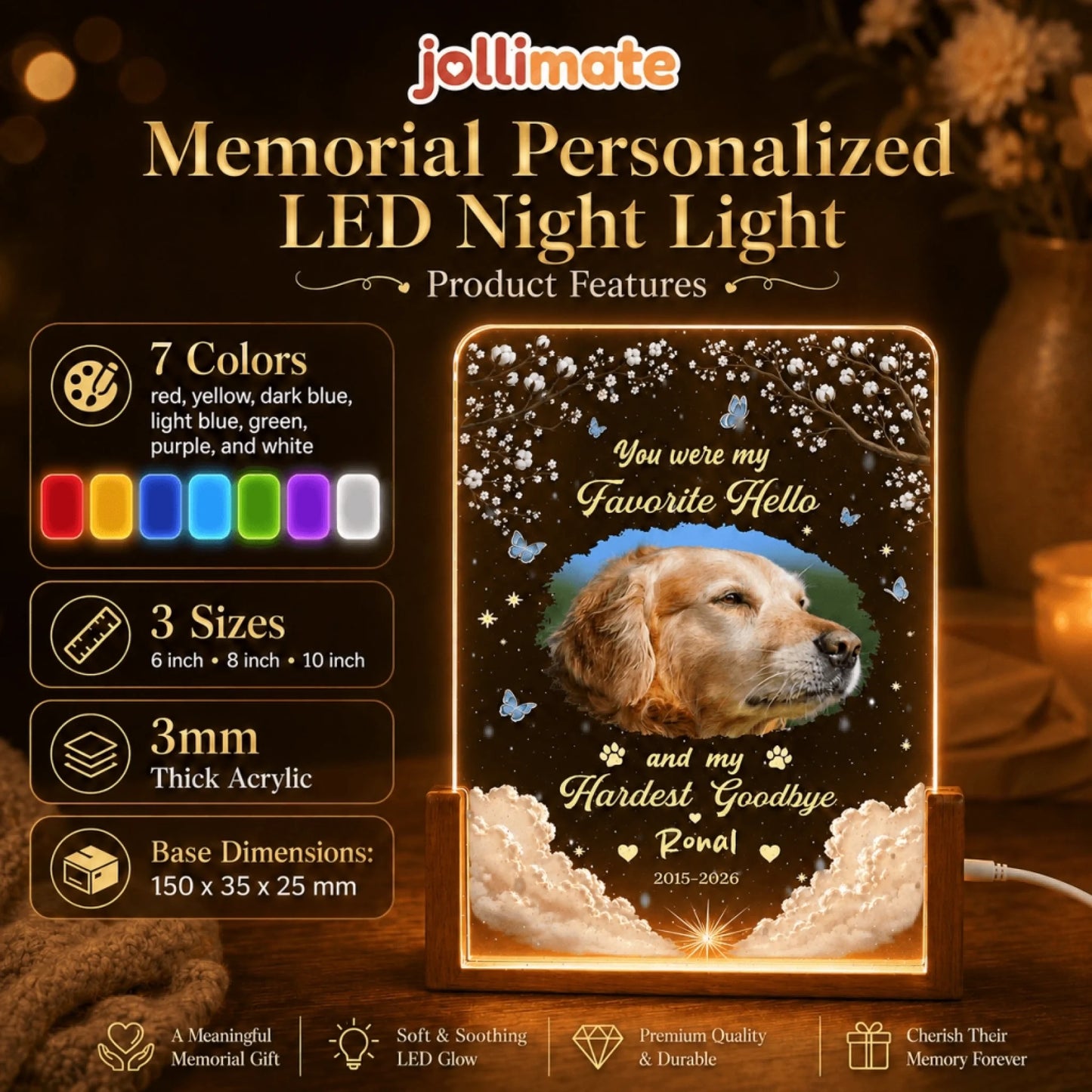 Infographic showing features of the personalized LED memorial night light including size, color options, and acrylic.