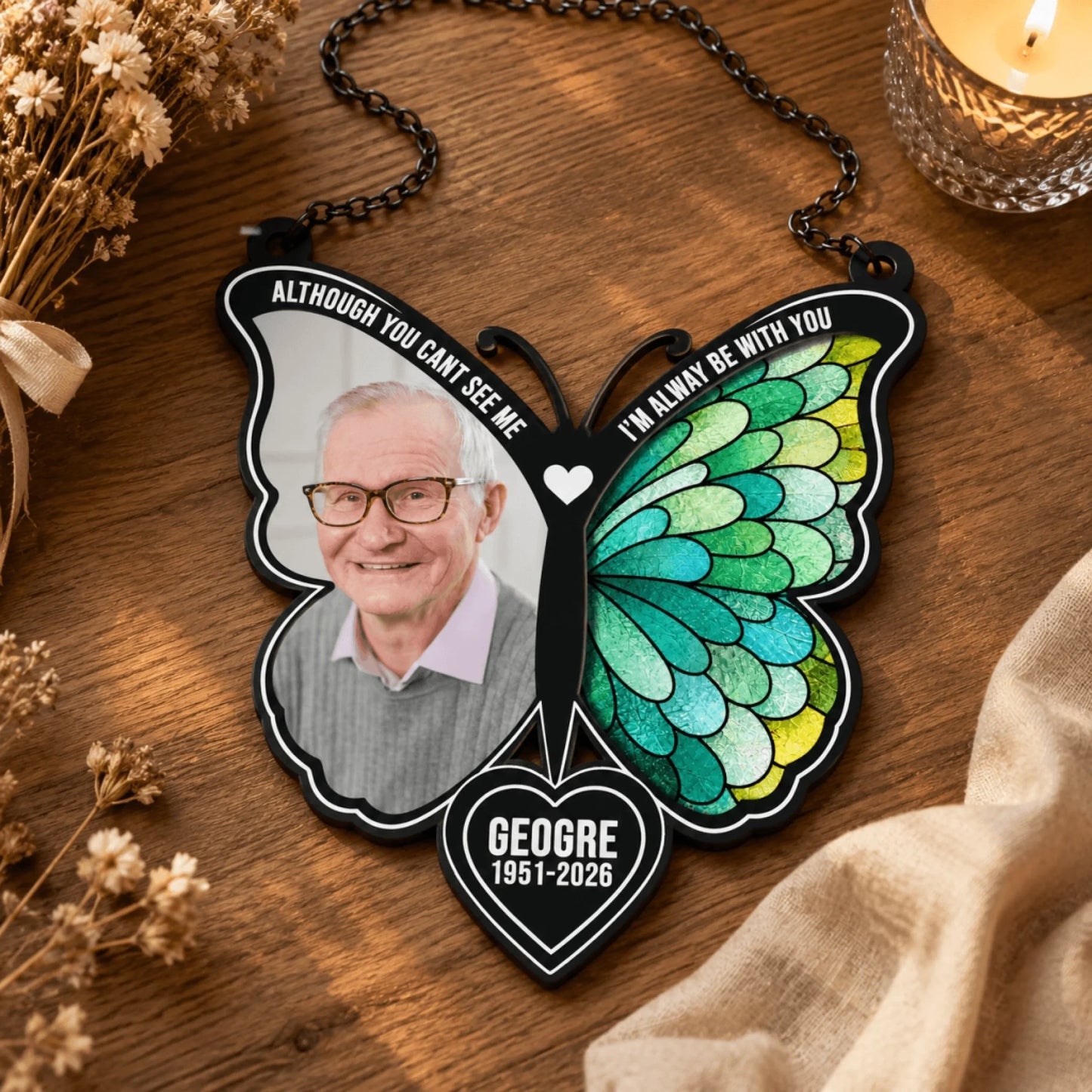 Customized butterfly memorial suncatcher featuring a portrait, heartfelt quote, and name for a thoughtful sympathy gift.