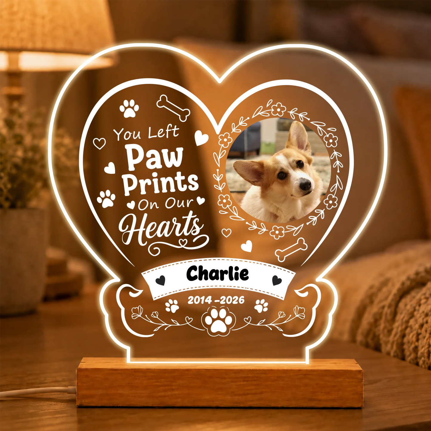 Personalized memorial heart lamp for a dog featuring a custom photo, name, and dates, serving as a pet sympathy gift.