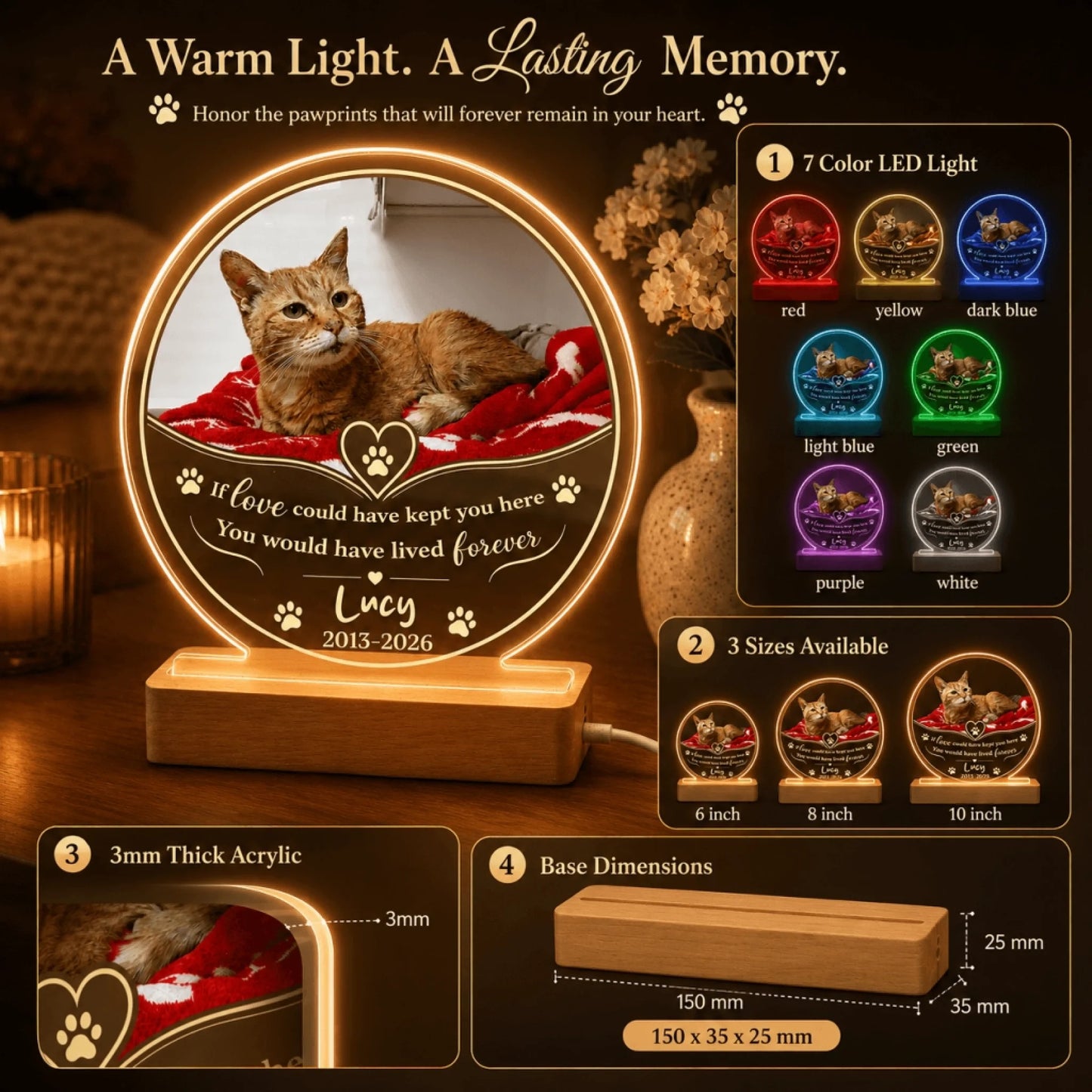 Overview of a custom cat memorial LED light showing color options, size dimensions, and material details for a personalized gift.