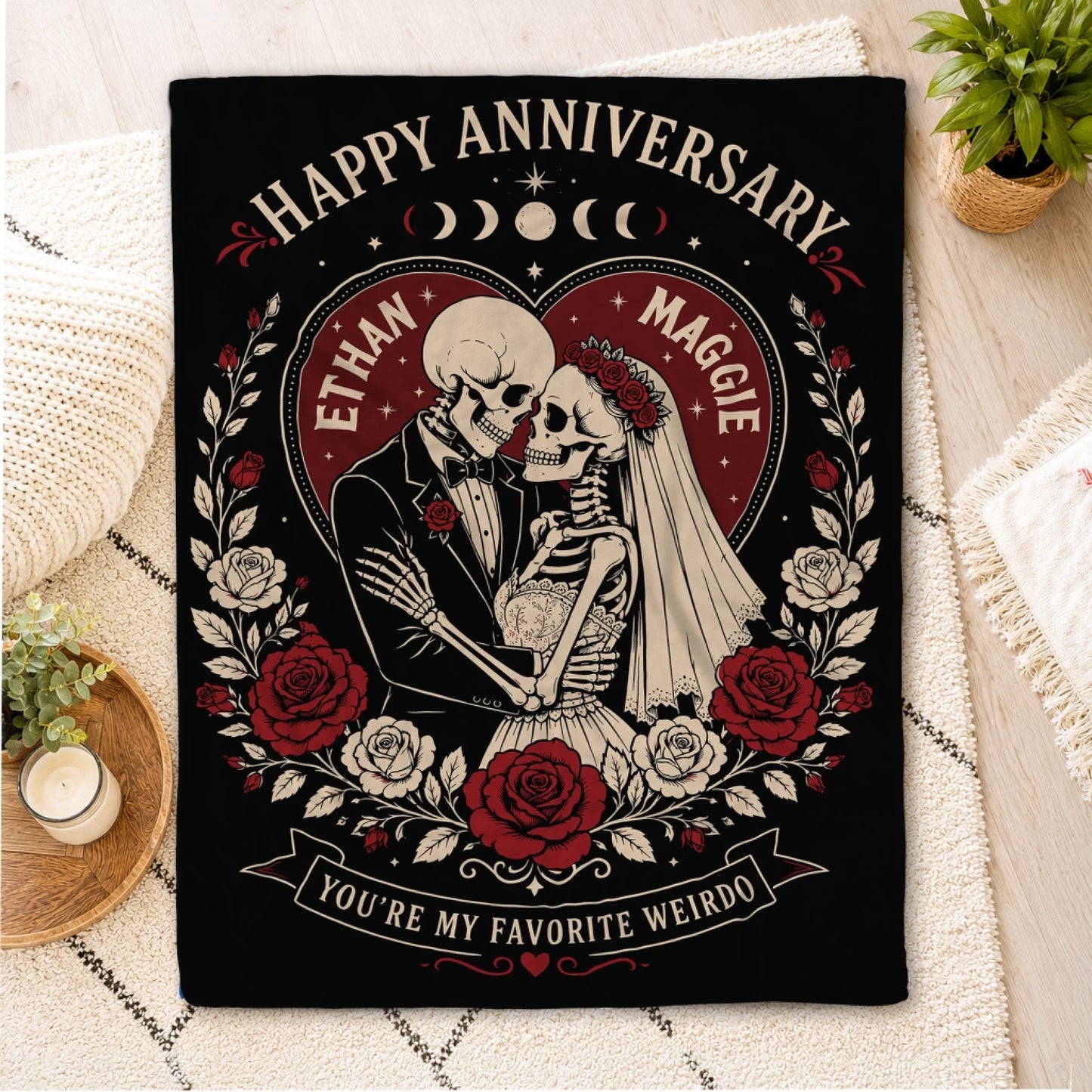 Soft custom anniversary blanket featuring skeletons in love and floral decor ideal for romantic couple anniversary gift.