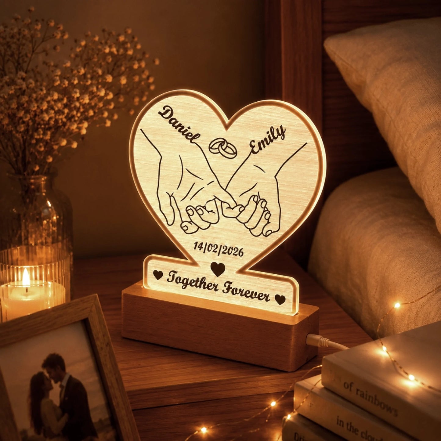 Personalized heart LED bedside lamp featuring romantic hand design and names, perfect wedding or anniversary decor.