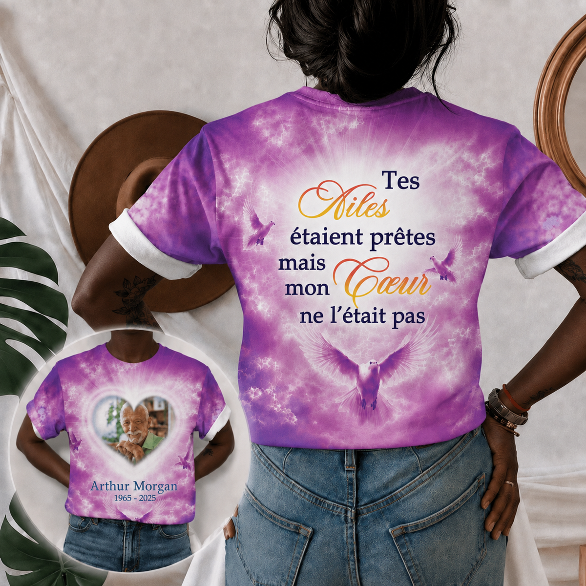 Custom bereavement t-shirt showing a photo memorial design with doves, a heart, and a tribute quote about loss of loved.