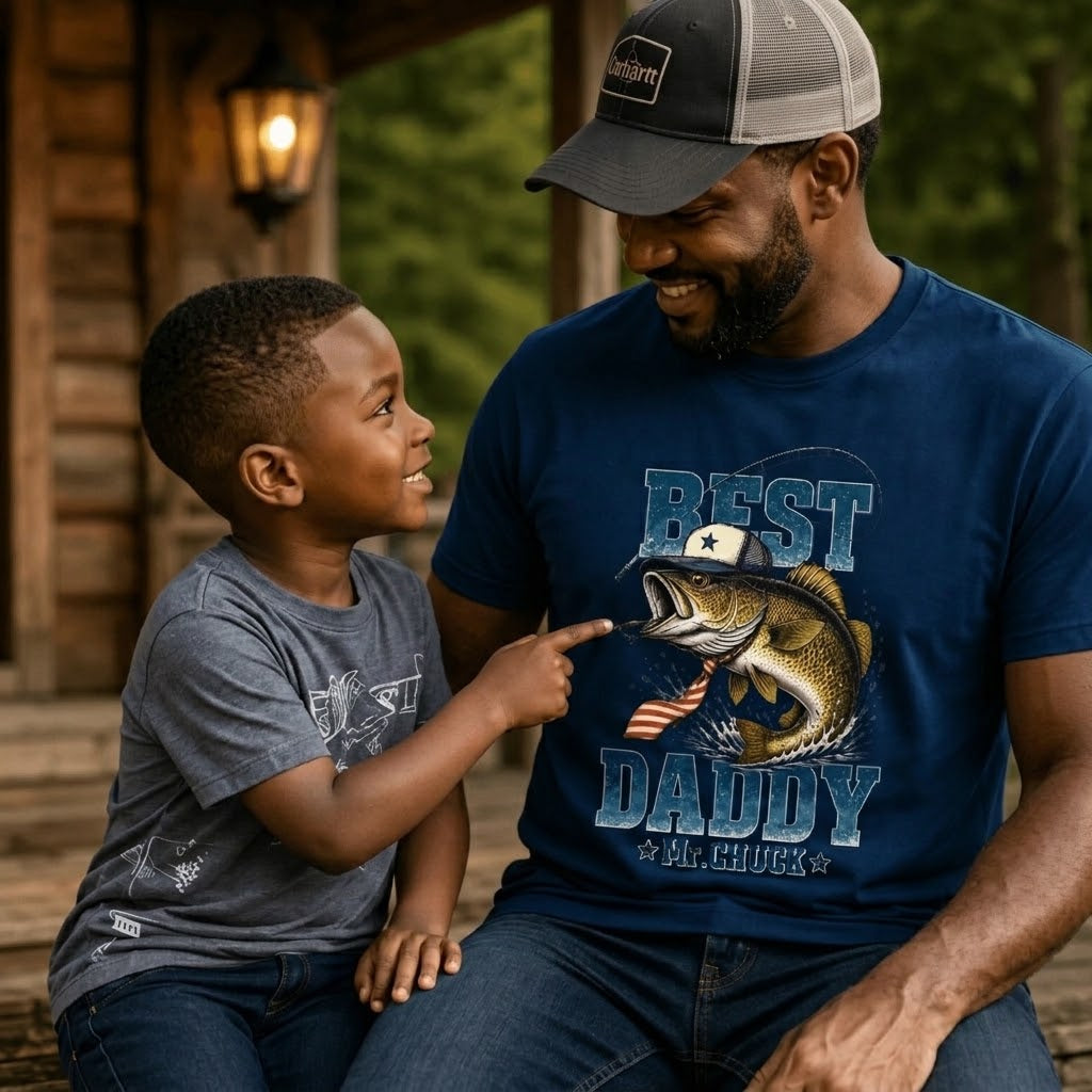 A smiling young boy pointing at his dad wearing a navy blue Best Daddy Mr Chuck graphic t shirt at the lake.
