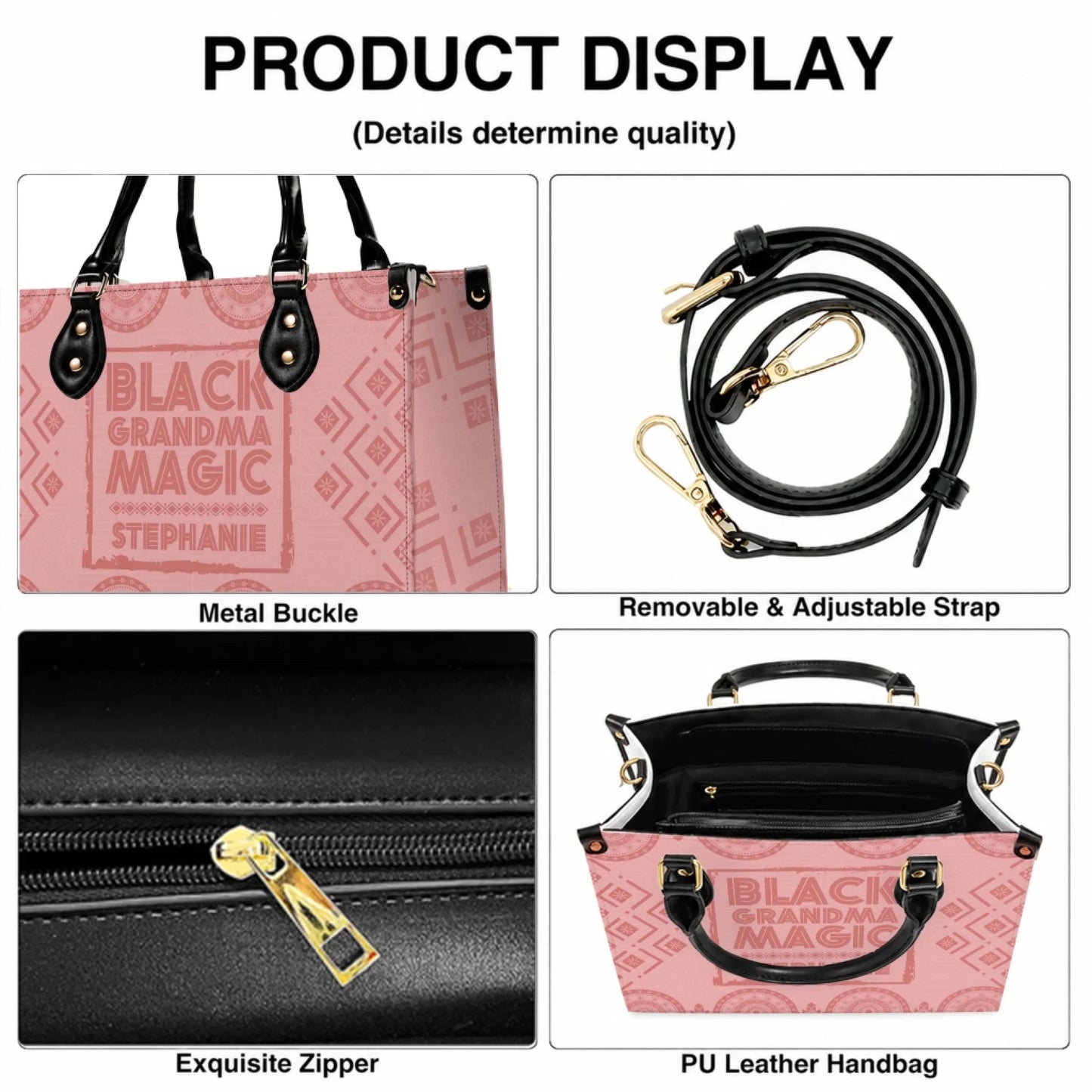 Custom PU leather handbag featuring Black Grandma Magic design and personalized name for a thoughtful birthday gift.