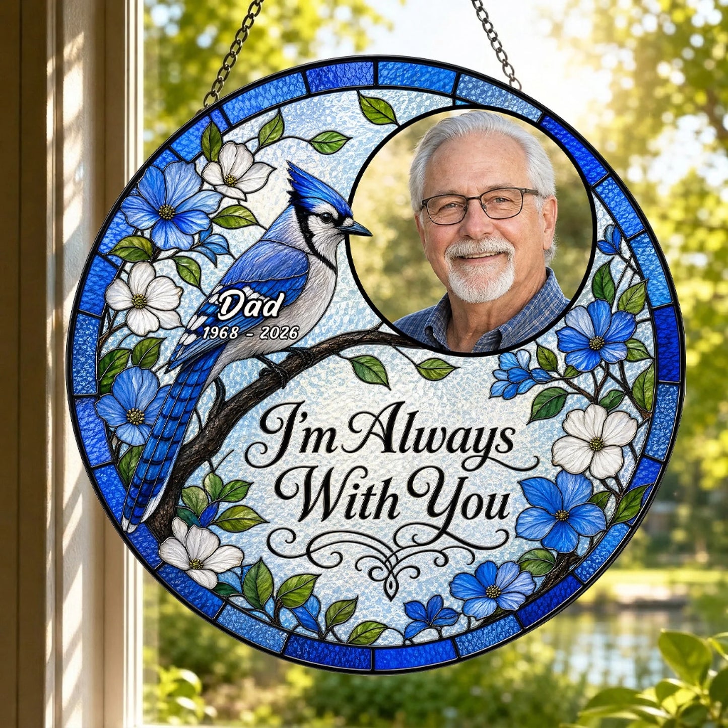 Custom blue jay stained glass suncatcher with a photo memorial, blue and white flowers, hanging in a bright window.