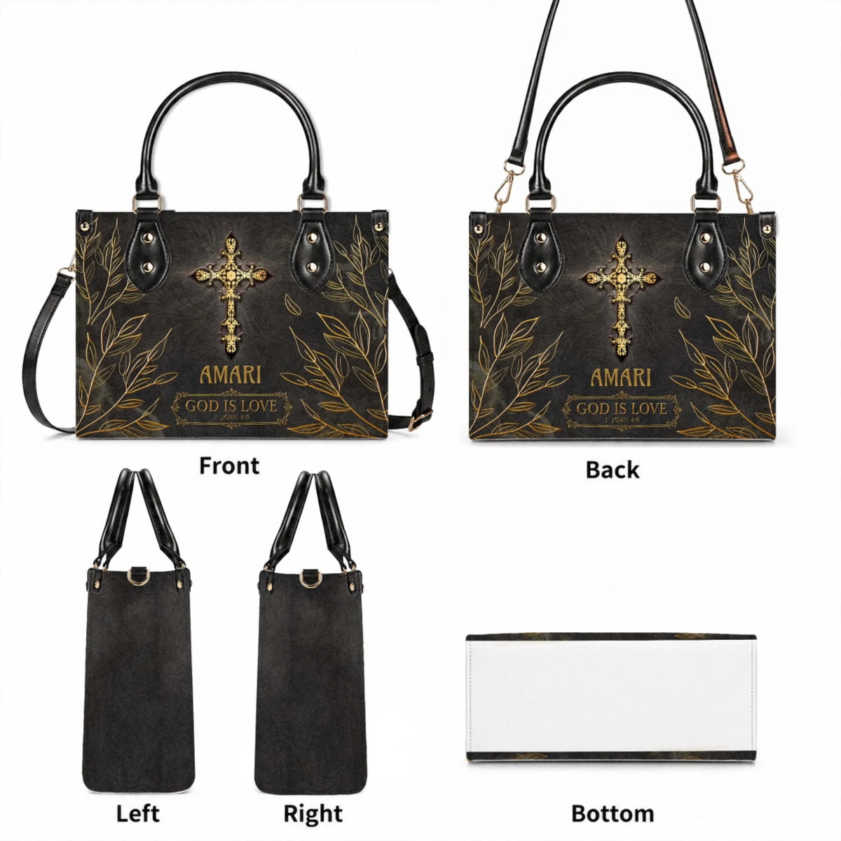 Customizable crossbody handbag featuring a gold cross and the scripture God Is Love 1 John 4 8 for religious gifting.