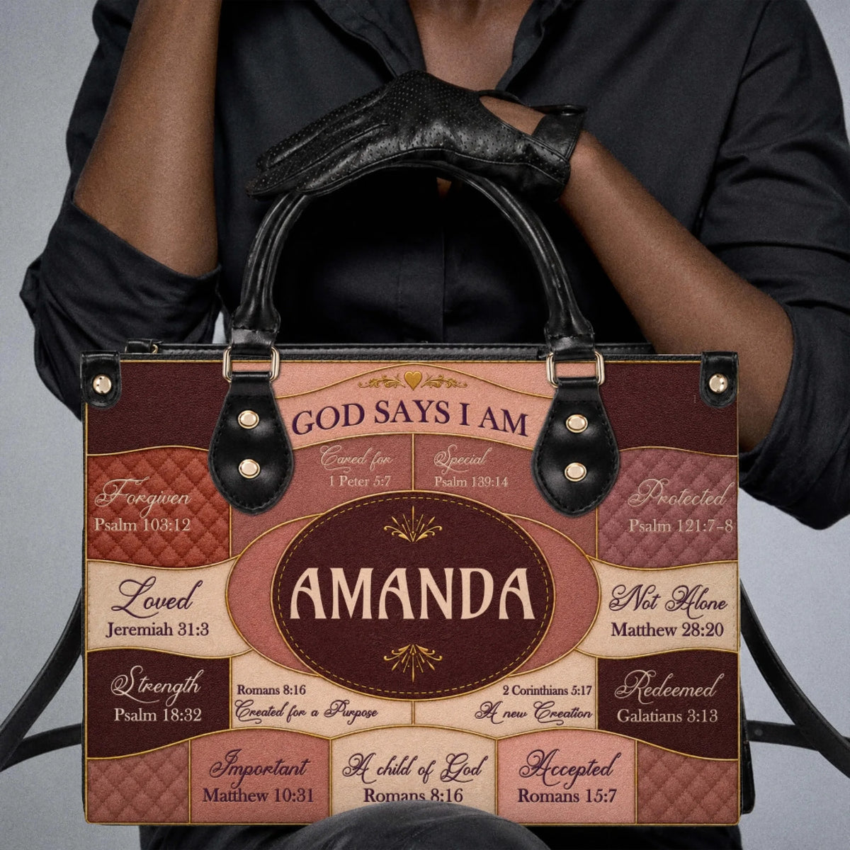 Custom religious handbag for women featuring the name Amanda, inspiring Bible verses, and encouraging faith affirmations.