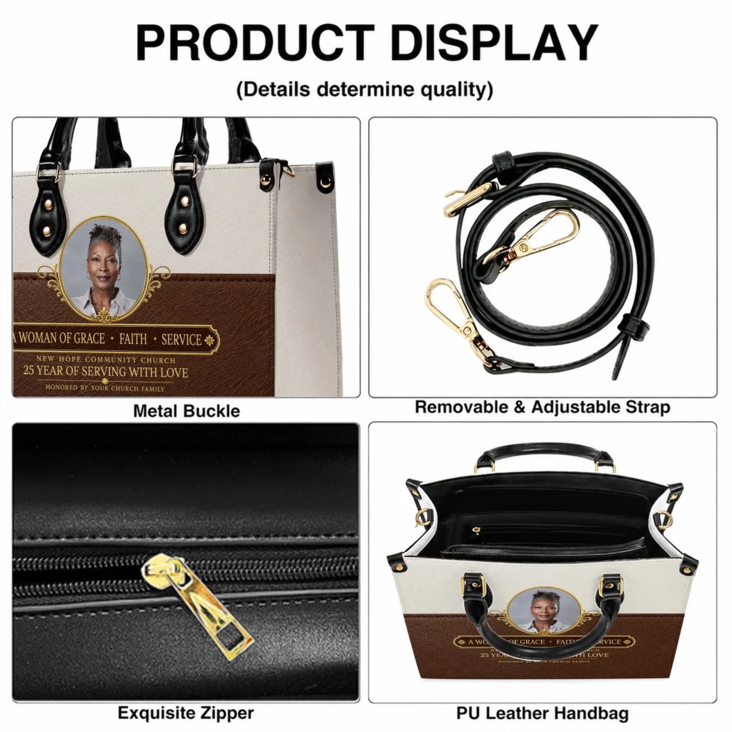 Custom PU leather handbag featuring a portrait photo and a woman of grace faith and service message for church honors.