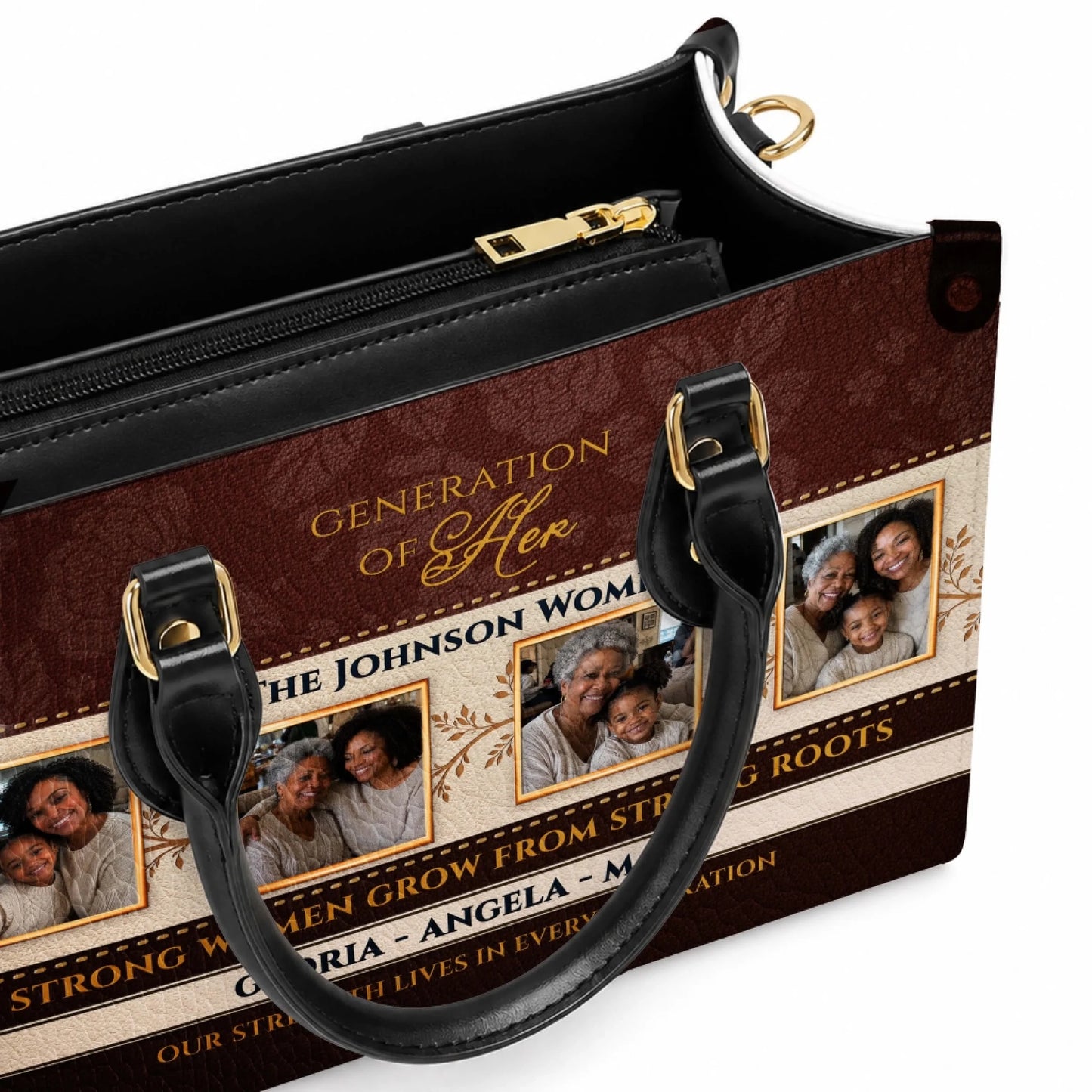 A personalized leather tote bag featuring custom family photos and the text Generation of Her with names Gloria Angela Mary.