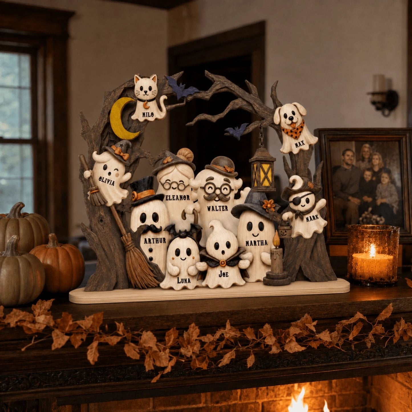 Customizable wooden Halloween decor showing a ghost family with names, displayed on a mantle with autumn leaves.
