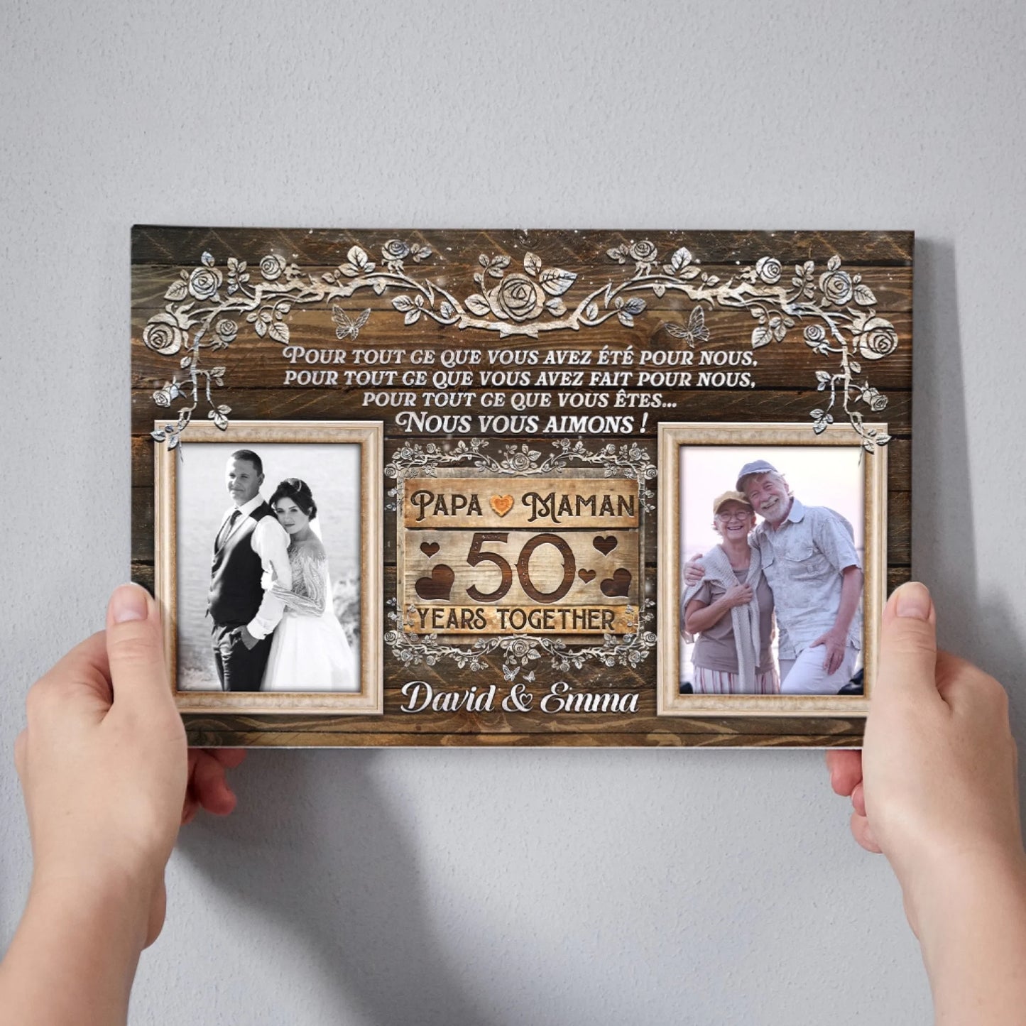 Custom 50th anniversary canvas print with two photo inserts, floral trim, and wooden background for couple gift.