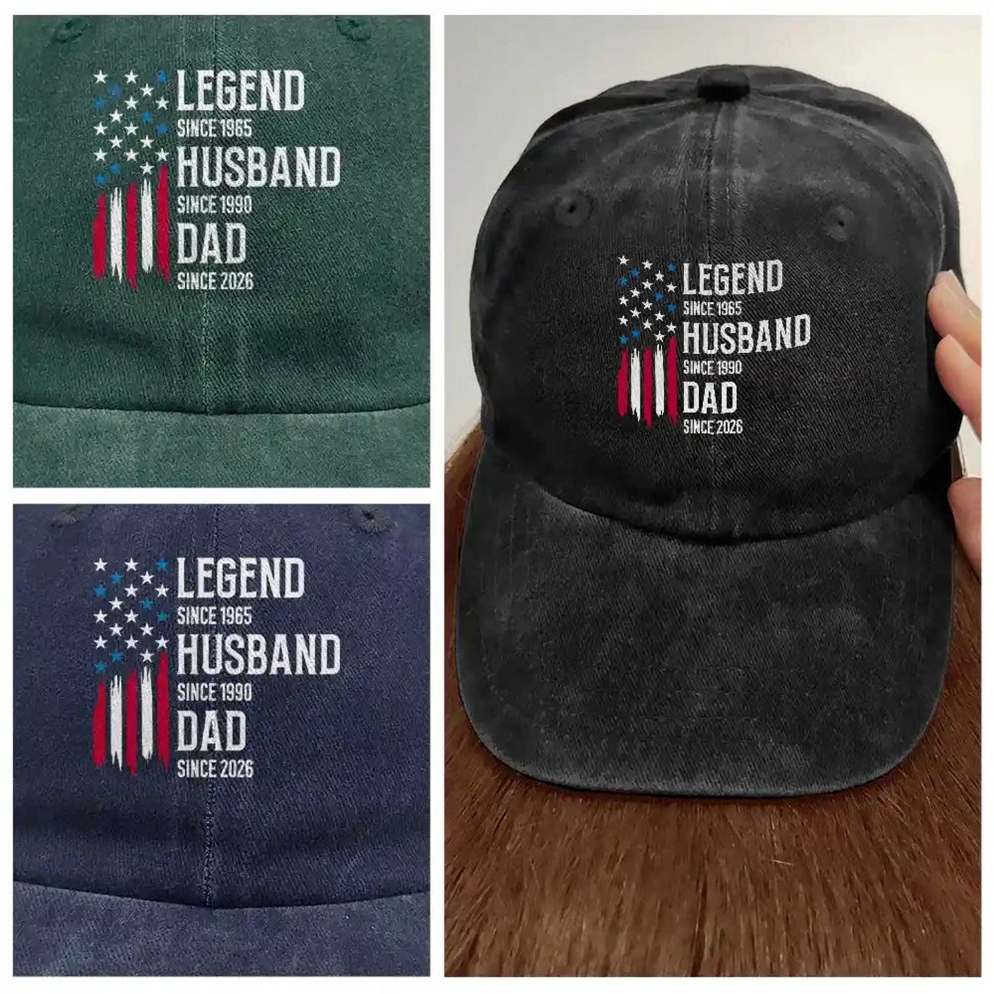 Black cap with 'Legend since 1965 Husband since 1990 Dad since 2023' text and American flag design.