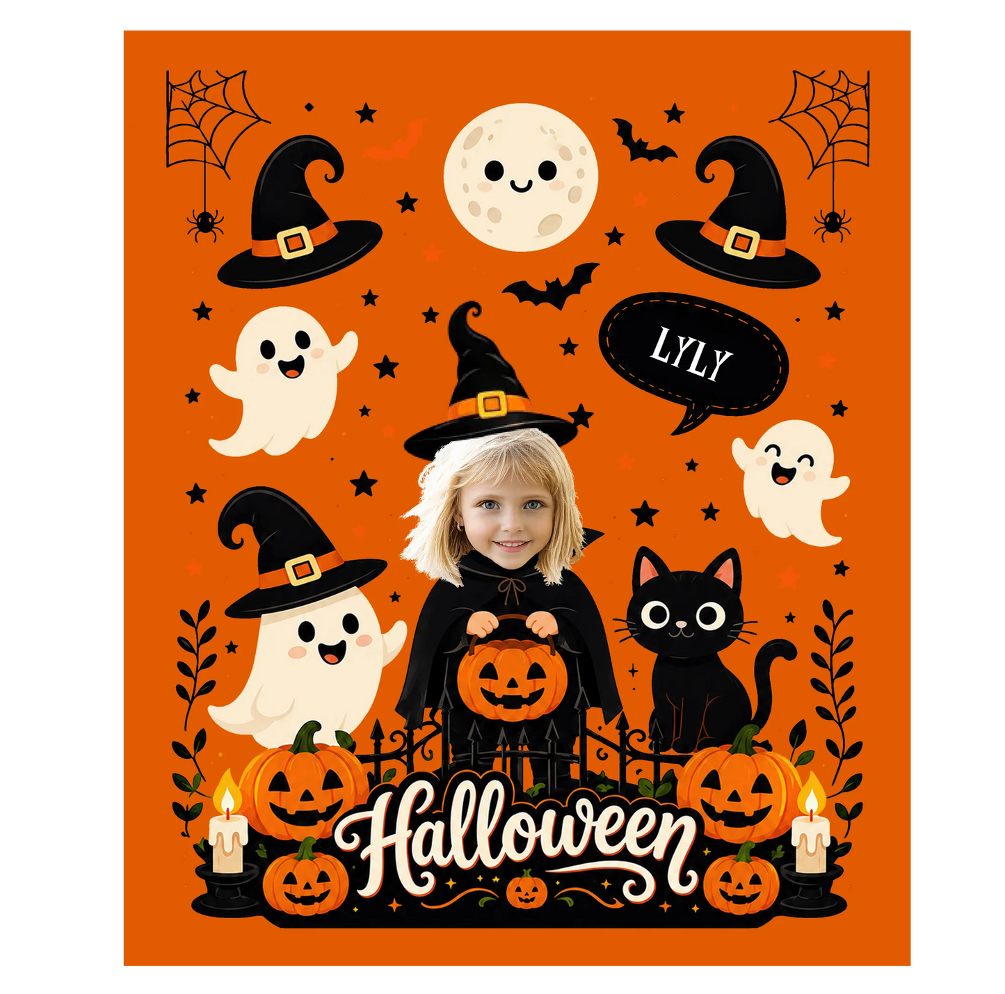 Custom Halloween fleece blanket personalized with a child's photo and the name Lyly, perfect for holiday decoration.