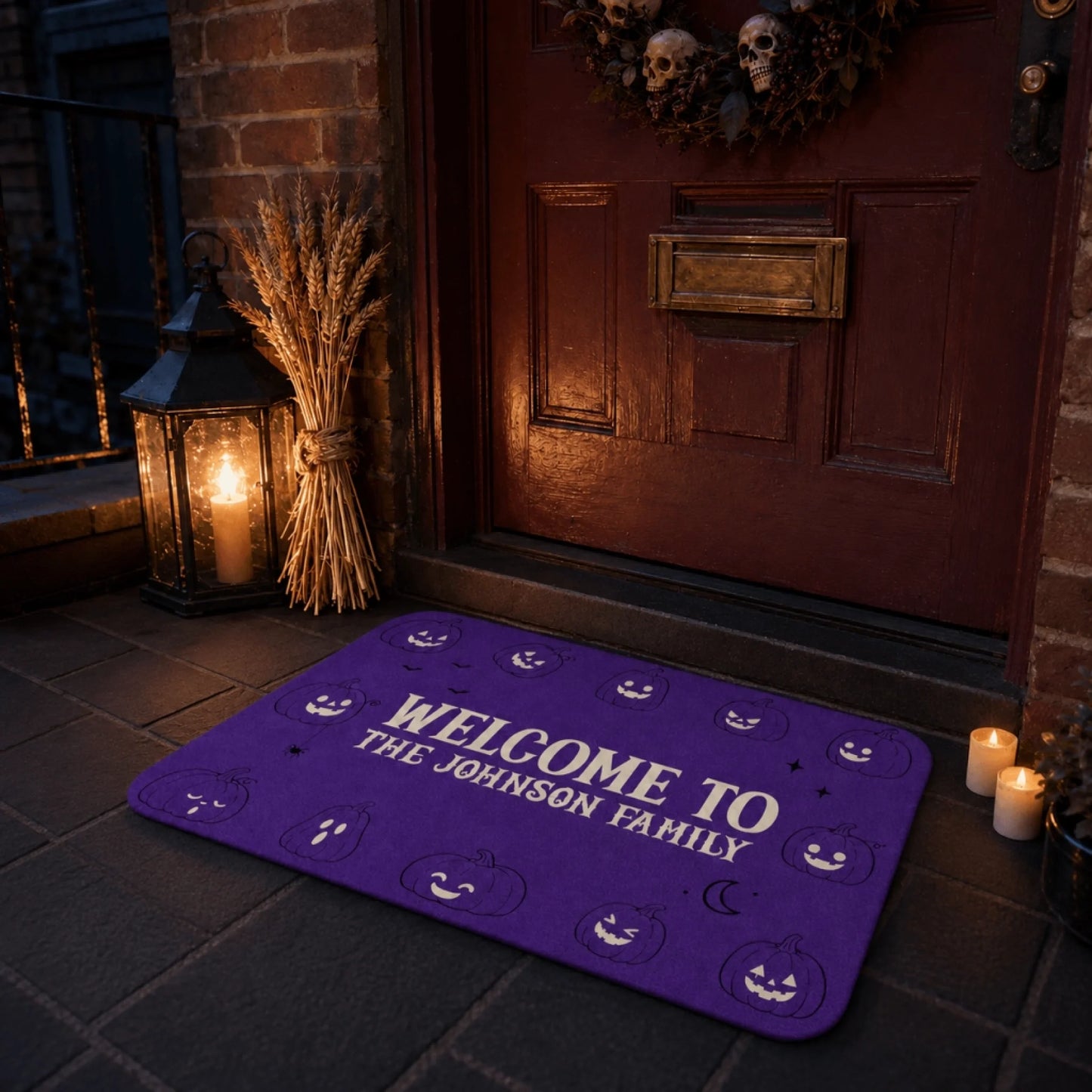 Spooky purple halloween doormat featuring custom johnson family text and smiling pumpkins for porch decoration