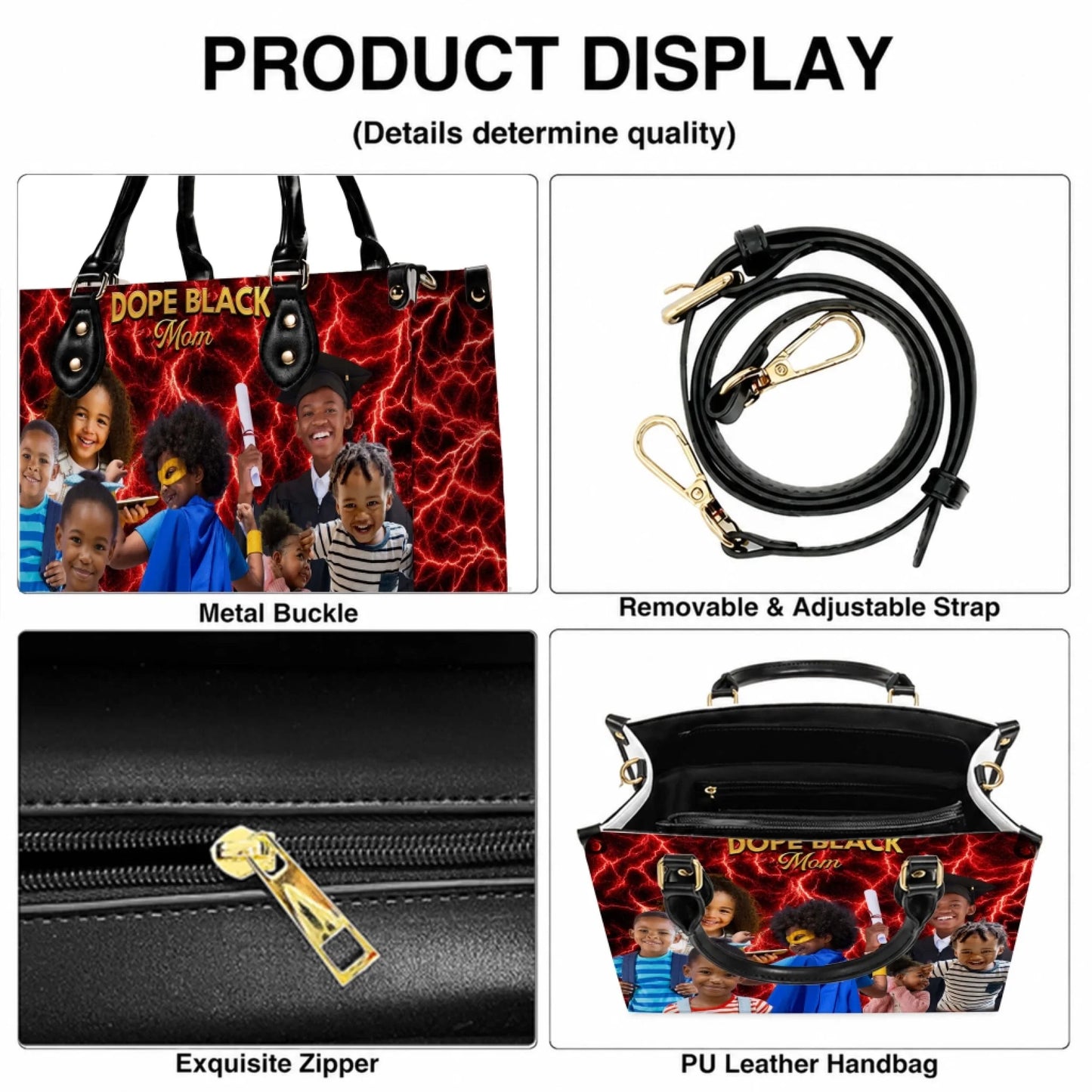 Close up details of a personalized leather handbag featuring a gold zipper, adjustable strap, and metal buckles.