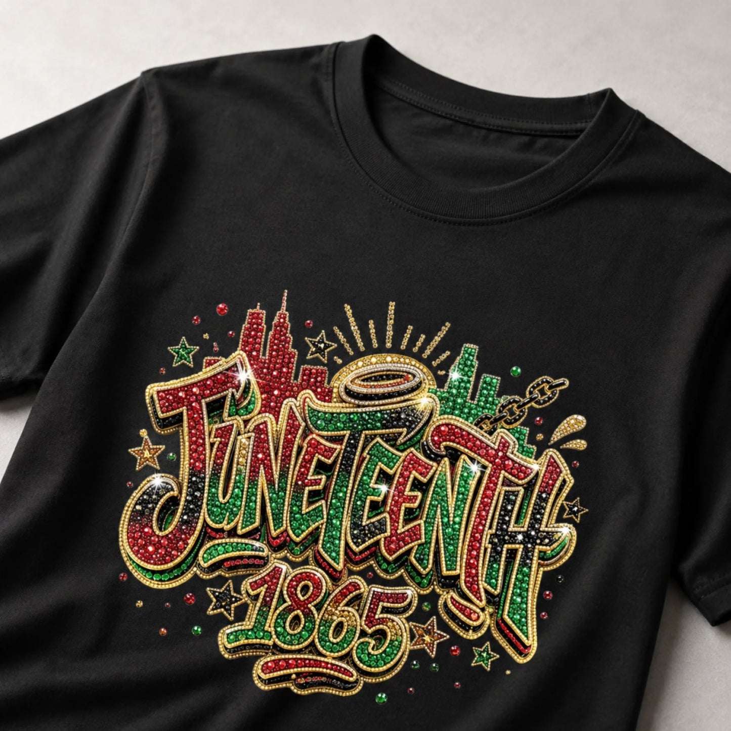 Black t-shirt with 'Juneteenth 1865' design in colorful rhinestones on a light gray background