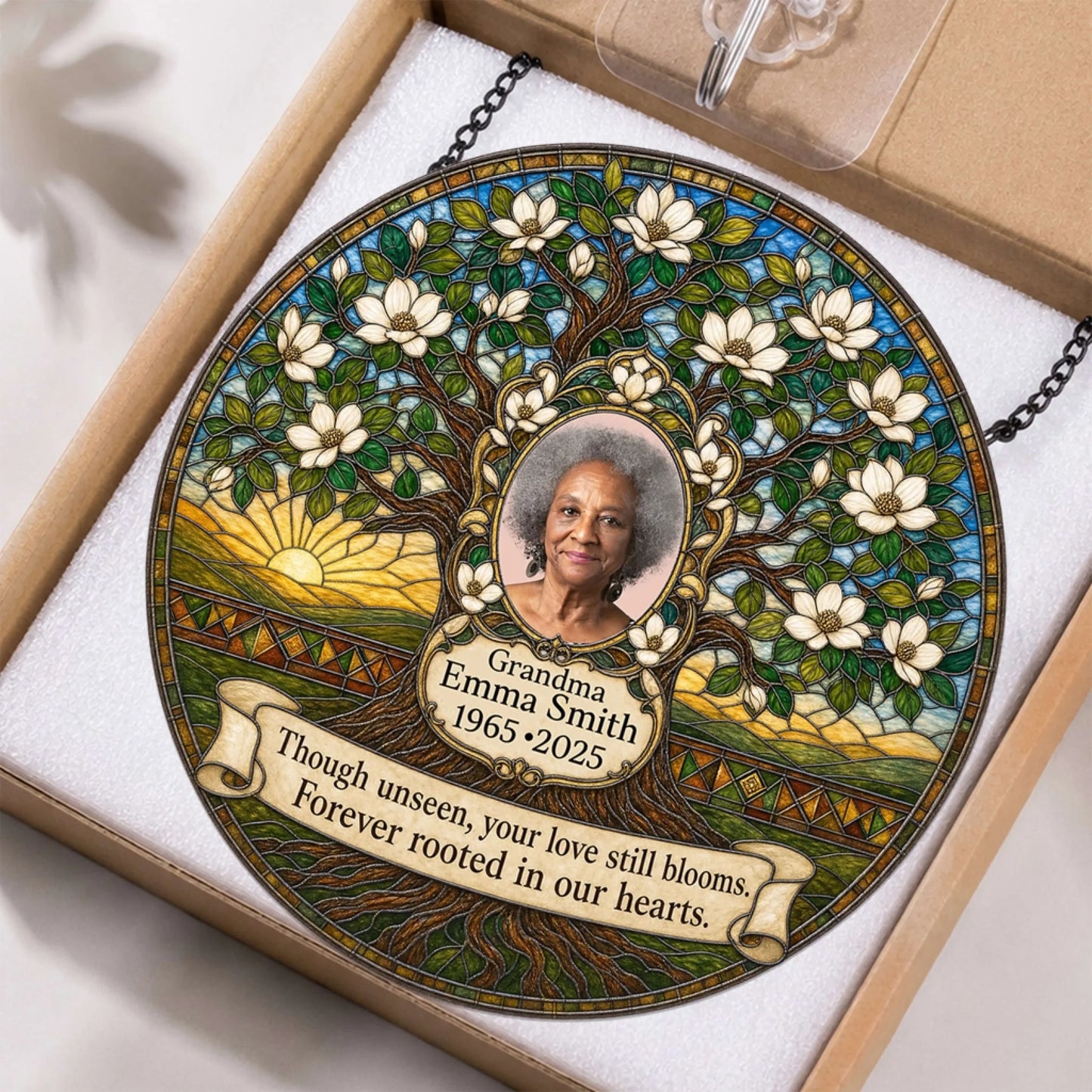 Round stained glass memorial suncatcher with a custom photo and grandma name dates and sympathy quote for loss of loved one.