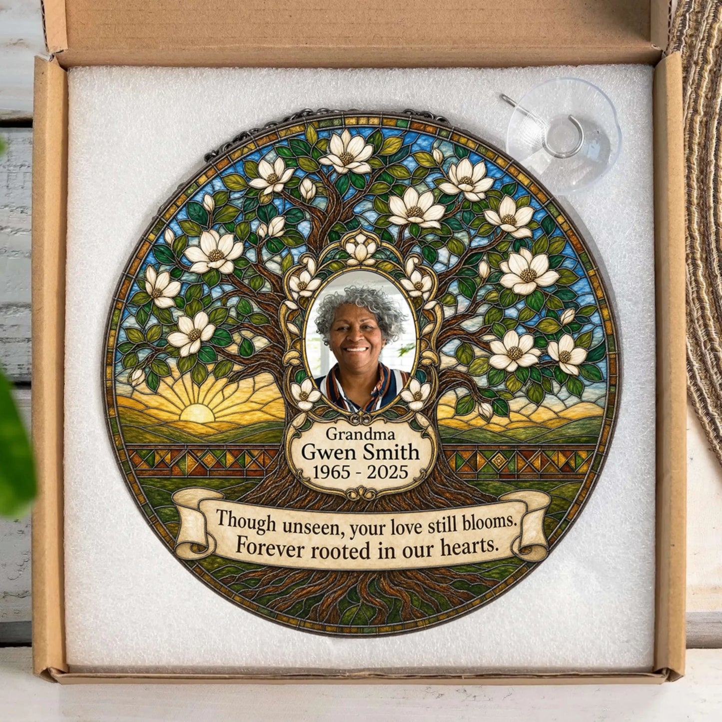 Custom memorial stained glass suncatcher featuring a photo of a loved one, tree of life art, name, and dates in a box.