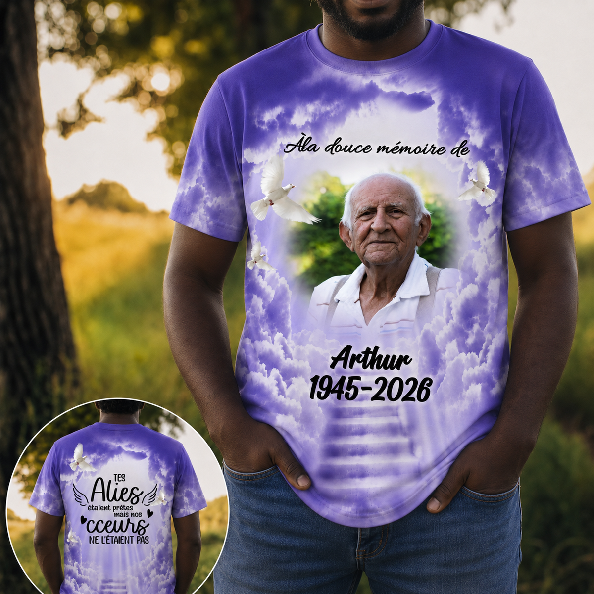 Custom memorial t-shirt with Arthur photo and dates featuring a heaven sky design with white doves for sympathy gifts.