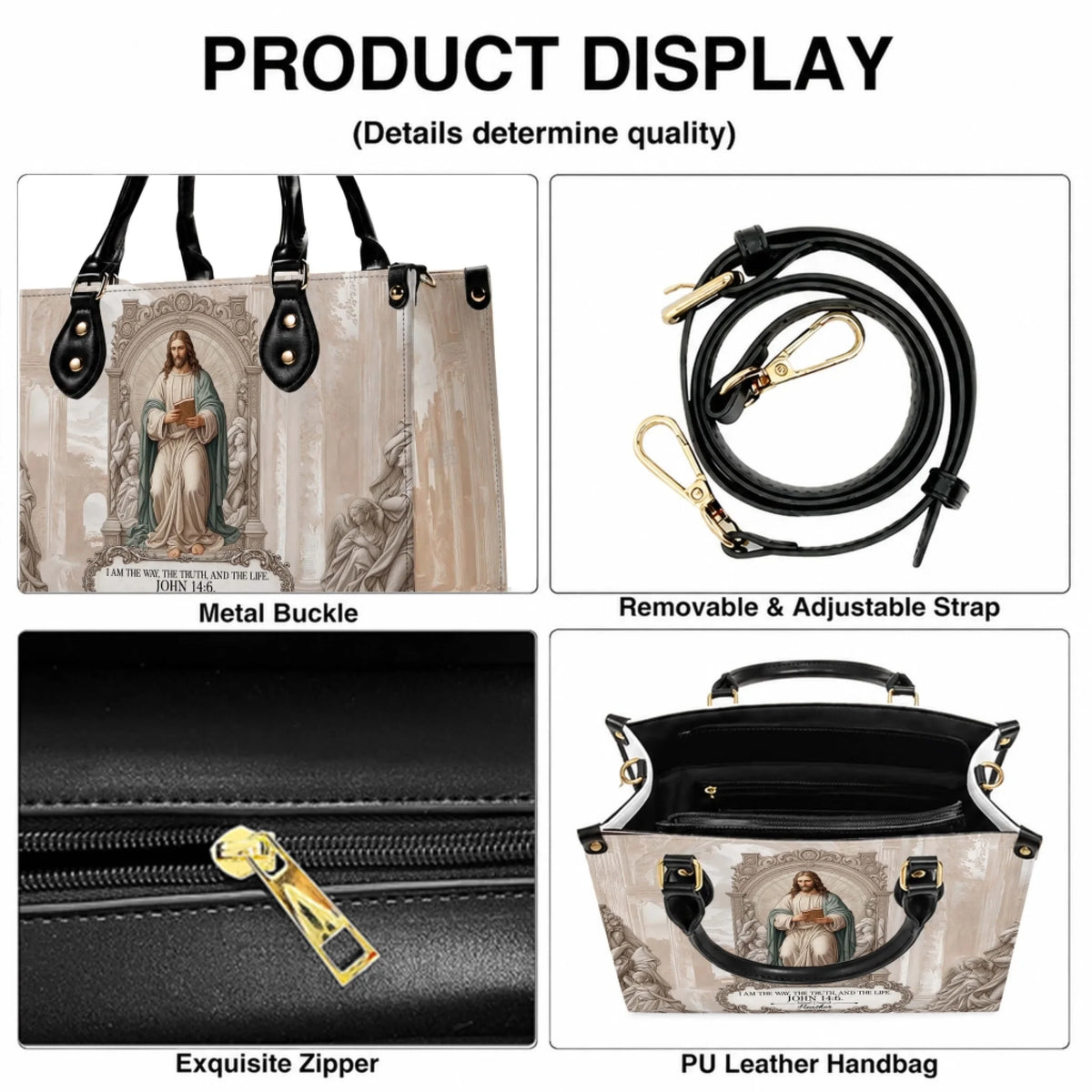 A personalized PU leather handbag featuring a religious Jesus design with the John 14 6 Bible verse for faithful women.