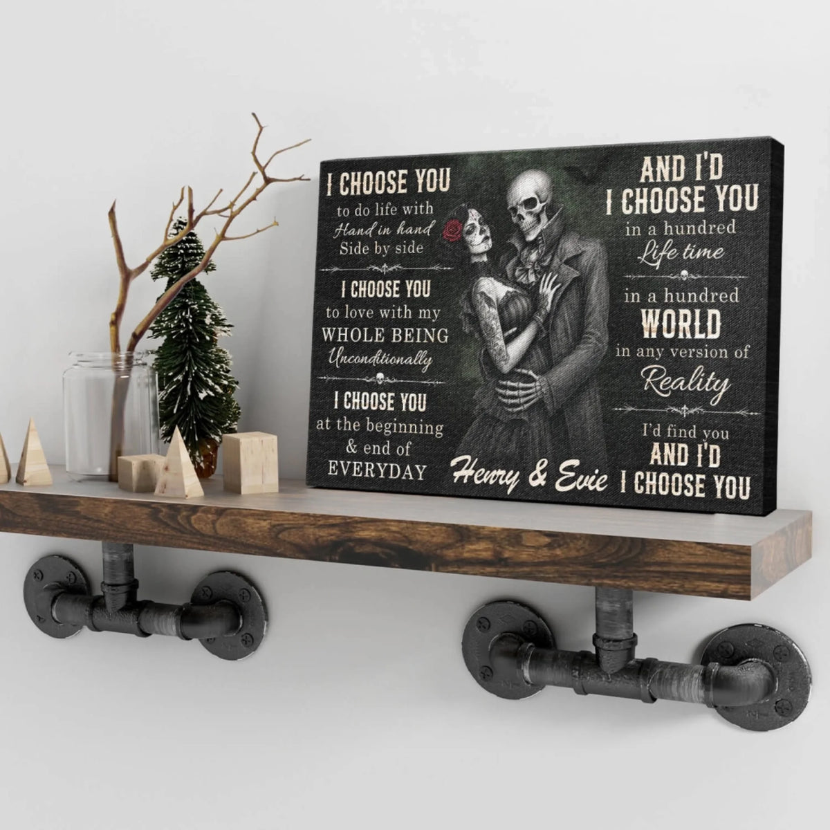 Custom skeleton couple canvas print with romantic quote and names Henry and Evie, perfect gift for anniversaries.