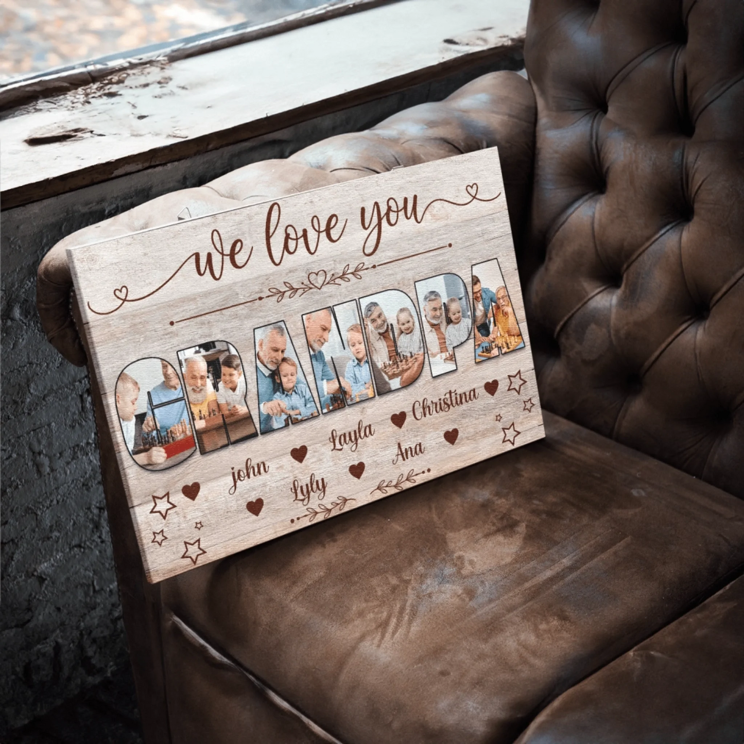 A custom canvas gift for Grandpa featuring a photo collage spelling out the word Grandpa with names of family members.