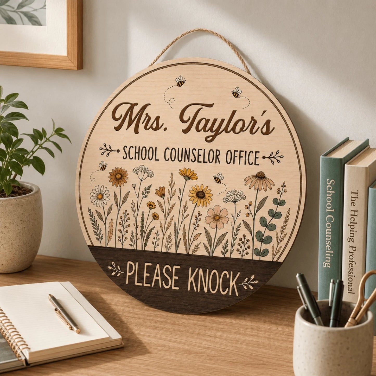 Round hanging wood sign for school counselor office with wildflower art and custom name for educator gift.