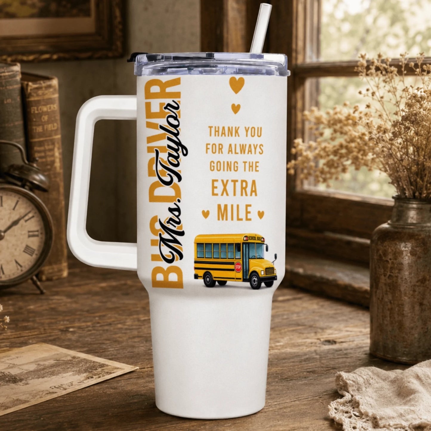 Bus driver tumbler personalized with orange title color option