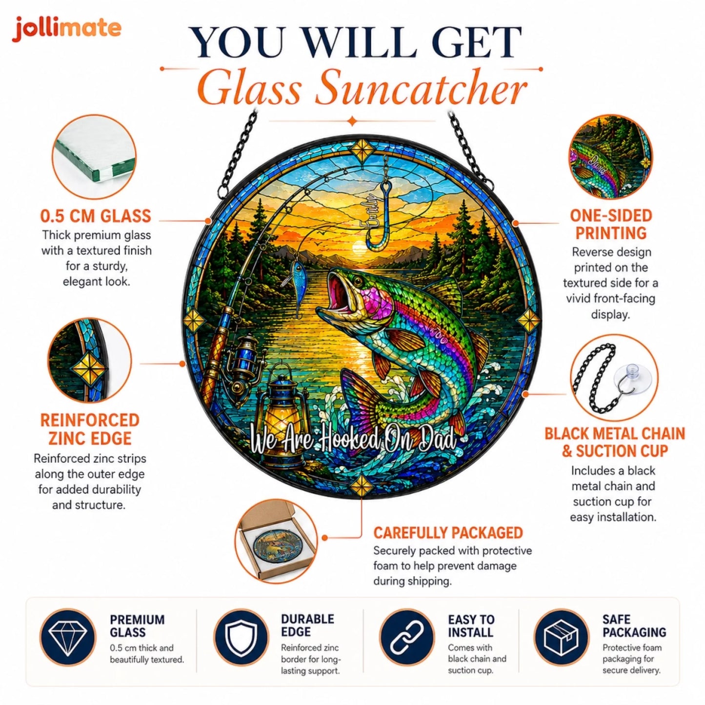 Glass suncatcher with fishing design and Jollimate branding, featuring details on materials and installation.