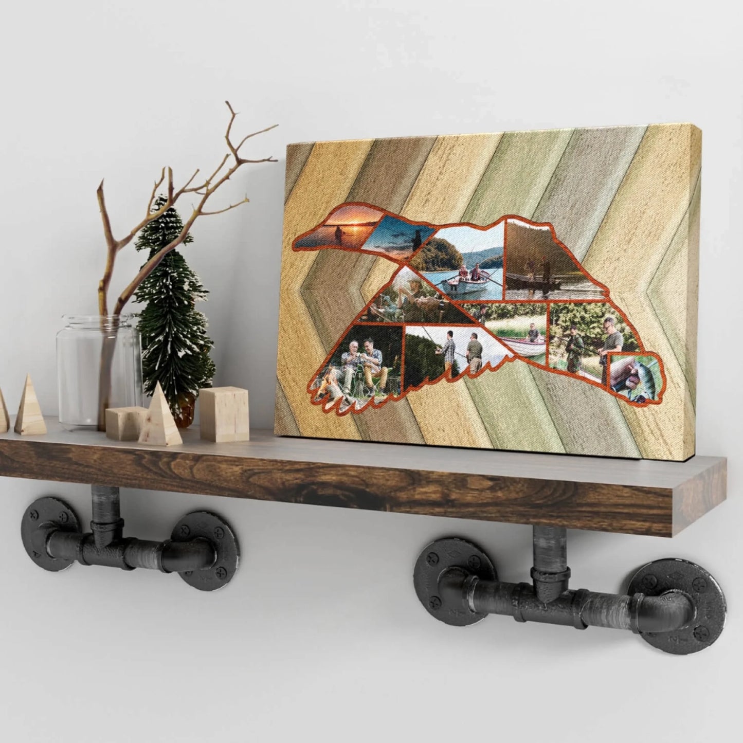 Personalized duck-shaped fishing photo canvas on shelf – custom outdoor wall art gift for him