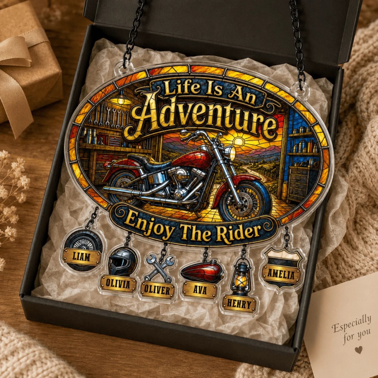 Personalized motorcycle suncatcher – unique Father's Day gift for biker dad