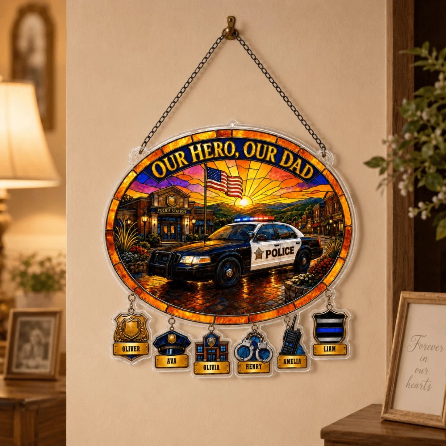 Our Hero Our Dad police suncatcher gift packaging