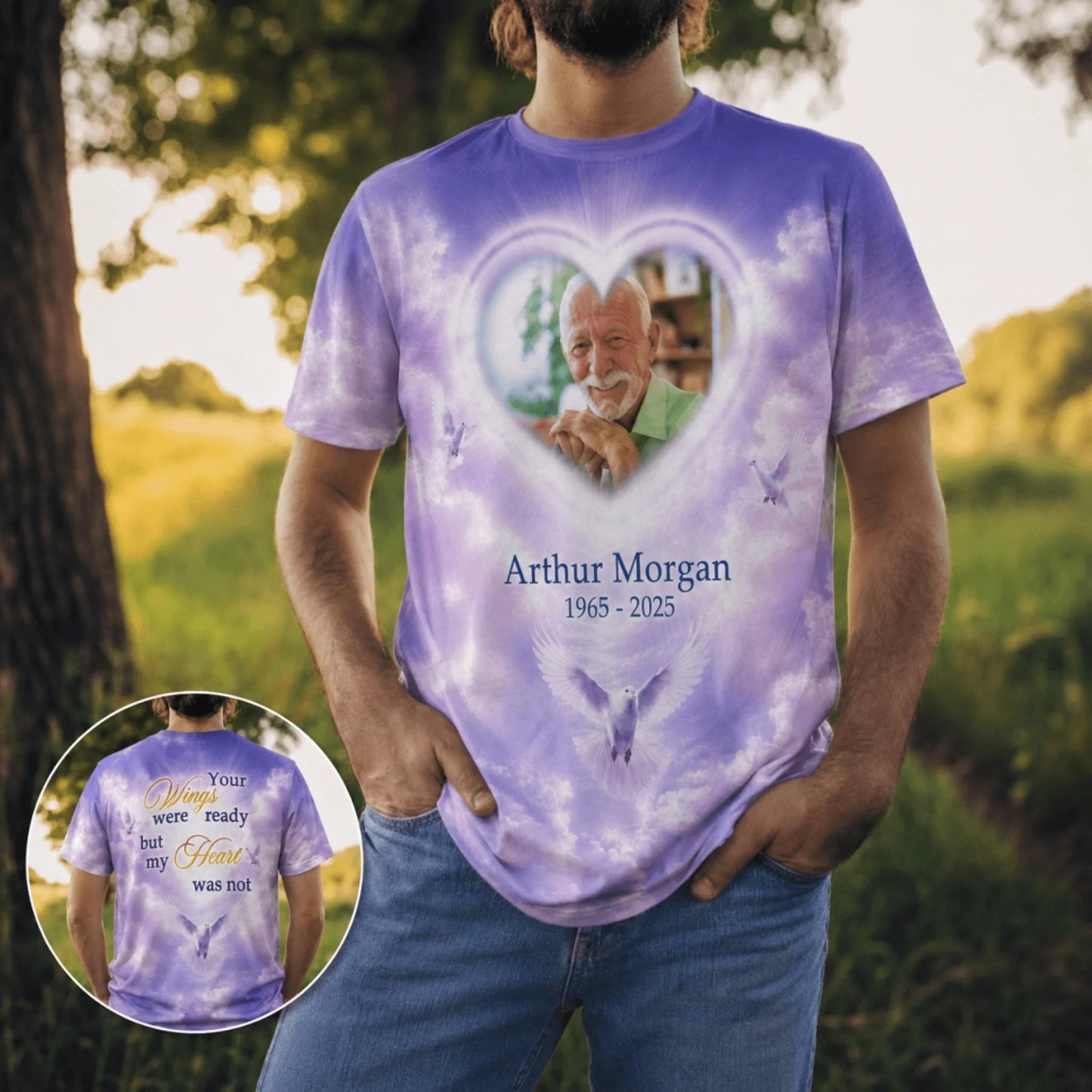 Purple sky themed memorial t-shirt for men with custom name, dates, and photo heart for a thoughtful keepsake gift.