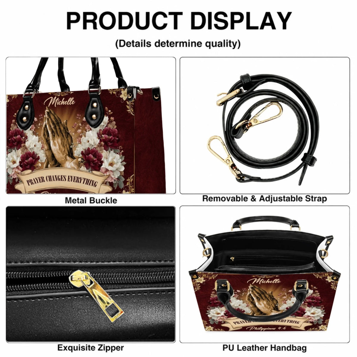 Features of a personalized Christian handbag including metal buckles adjustable strap exquisite zipper and spacious interior.