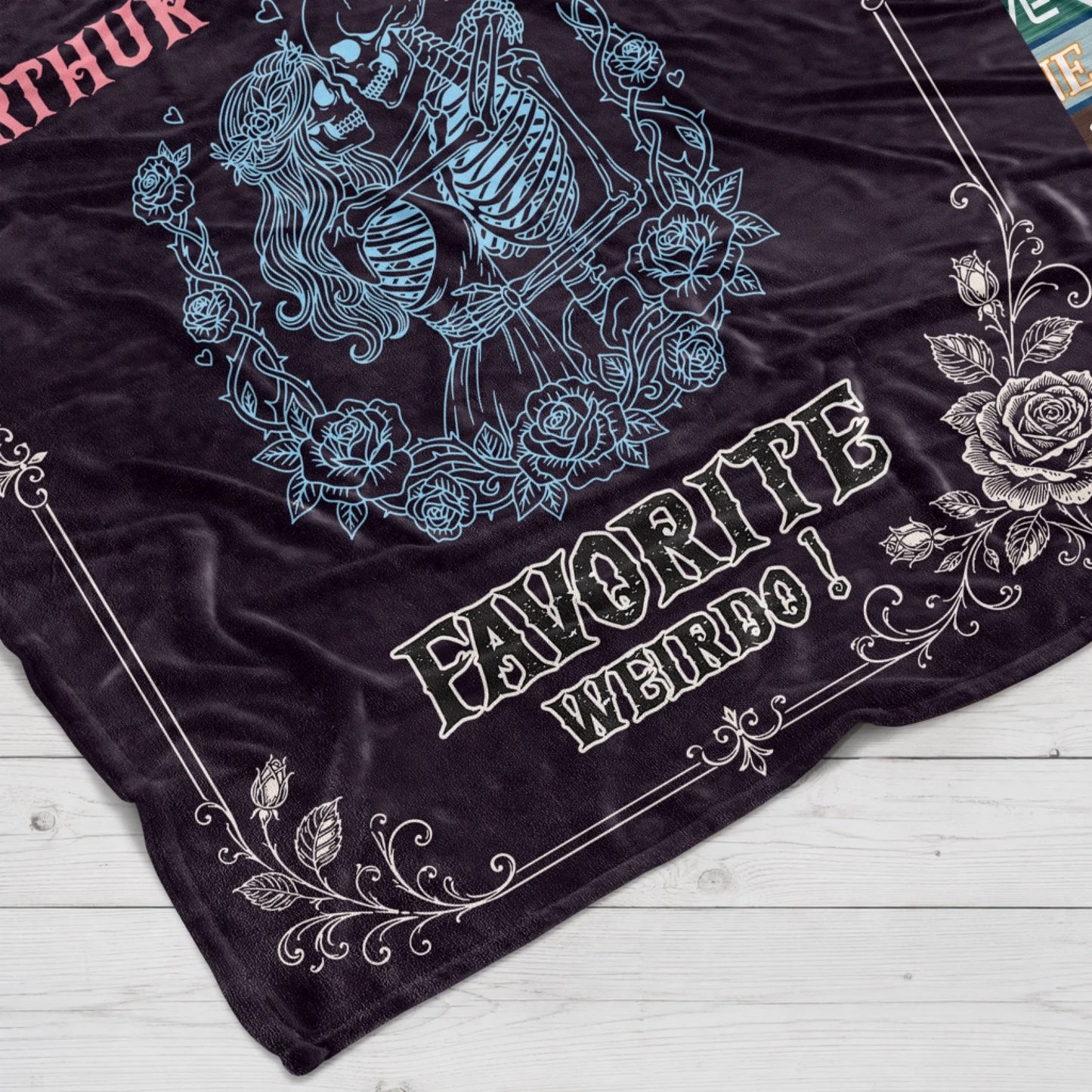 Personalized skeleton couple blanket with floral frame and custom names perfect for a romantic couple gift.