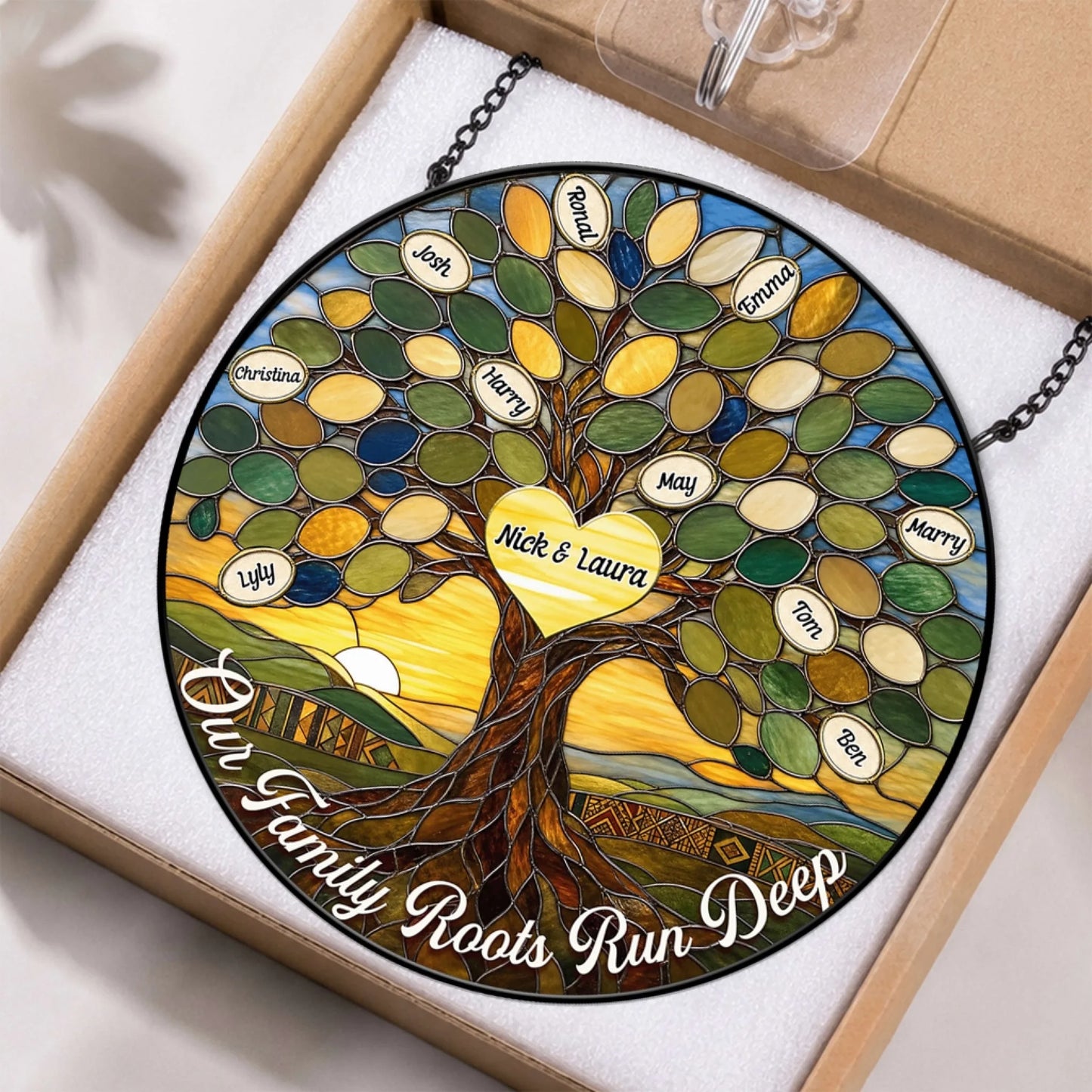 Personalized family tree stained glass suncatcher featuring custom names in an elegant circular tree design.