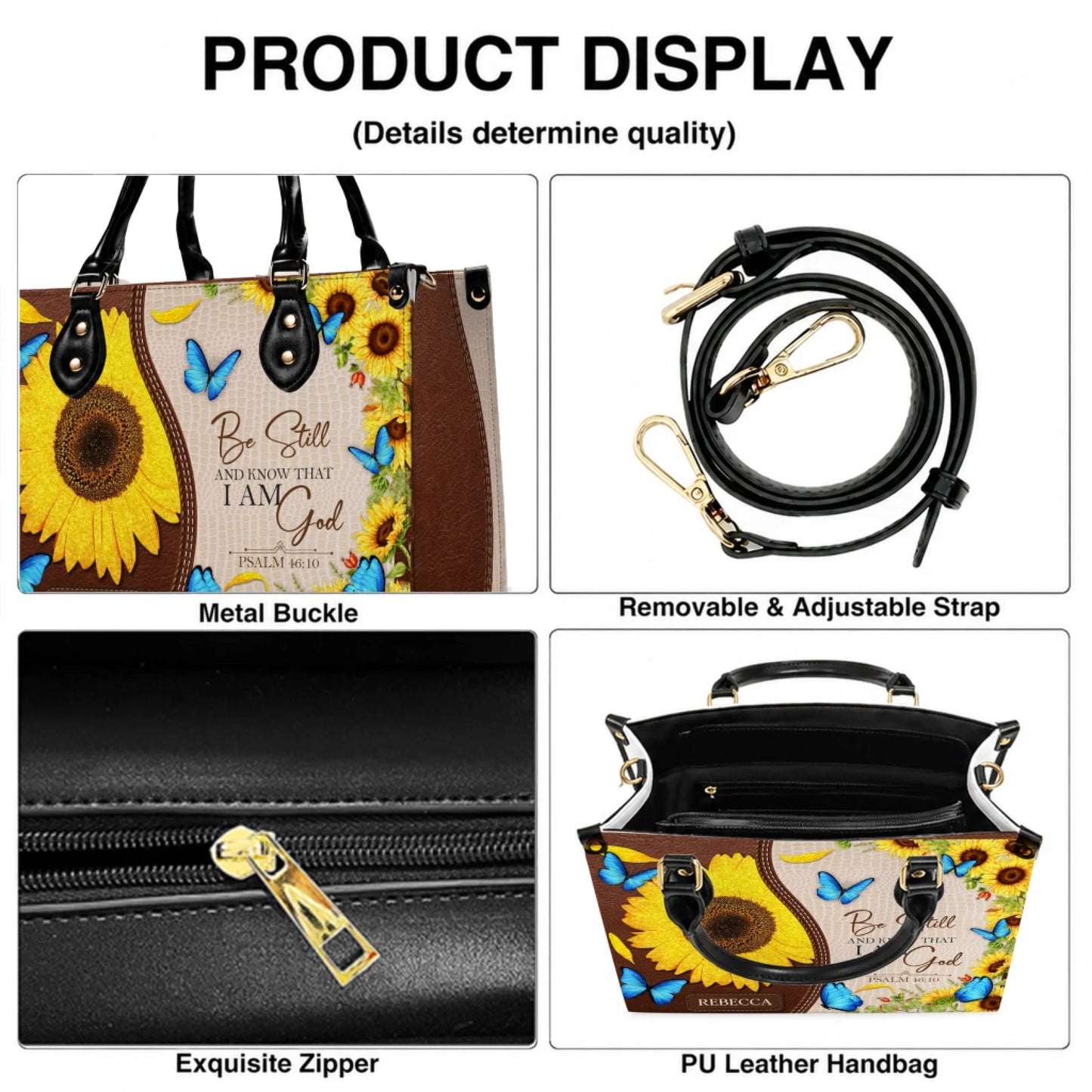 Product feature display of a personalized religious handbag with sunflowers, including adjustable strap and interior zipper.