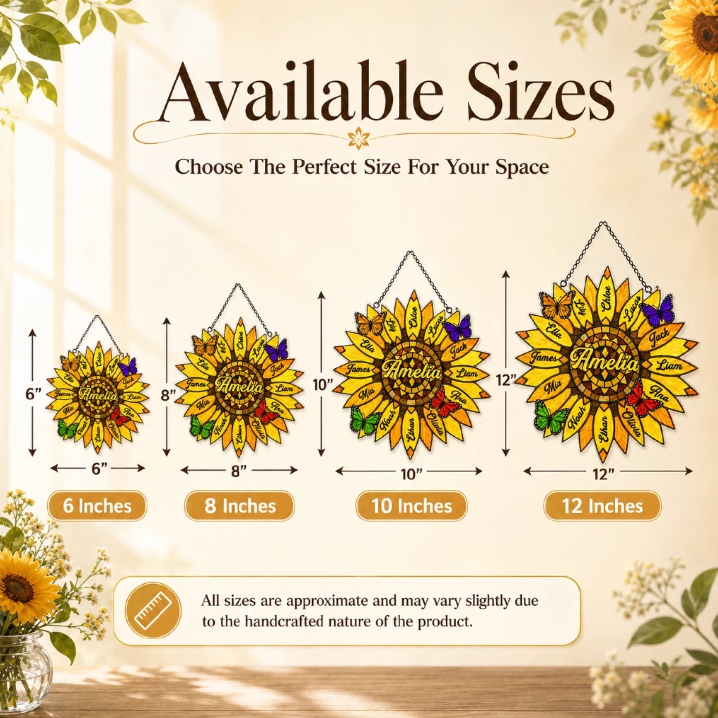Sunflower-themed wall art with available sizes displayed on a light background.