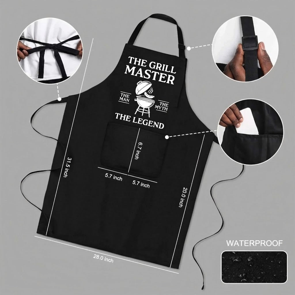 Black waterproof BBQ apron featuring The Grill Master The Man The Myth The Legend design with a handy front pocket.