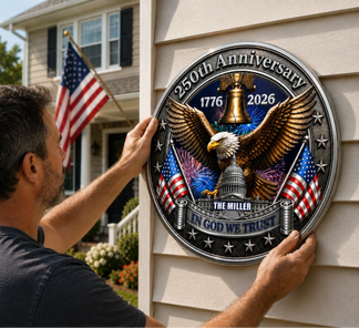 Man installing a decorative plaque with an eagle, American flags, and text on a house exterior.