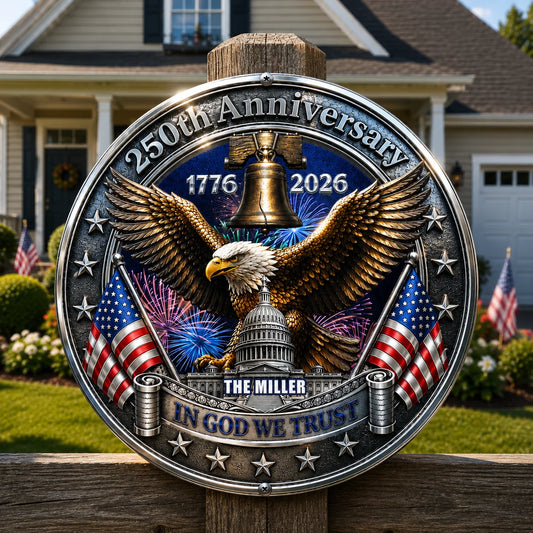 Decorative plaque celebrating 250th anniversary with eagle, American flags, and fireworks in front of a house.