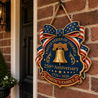 250th Anniversary wooden sign featuring Liberty Bell, red white blue patriotic artwork