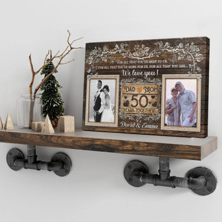 Personalized 50 years together anniversary canvas with rustic floral frame and two photo placeholders for parents