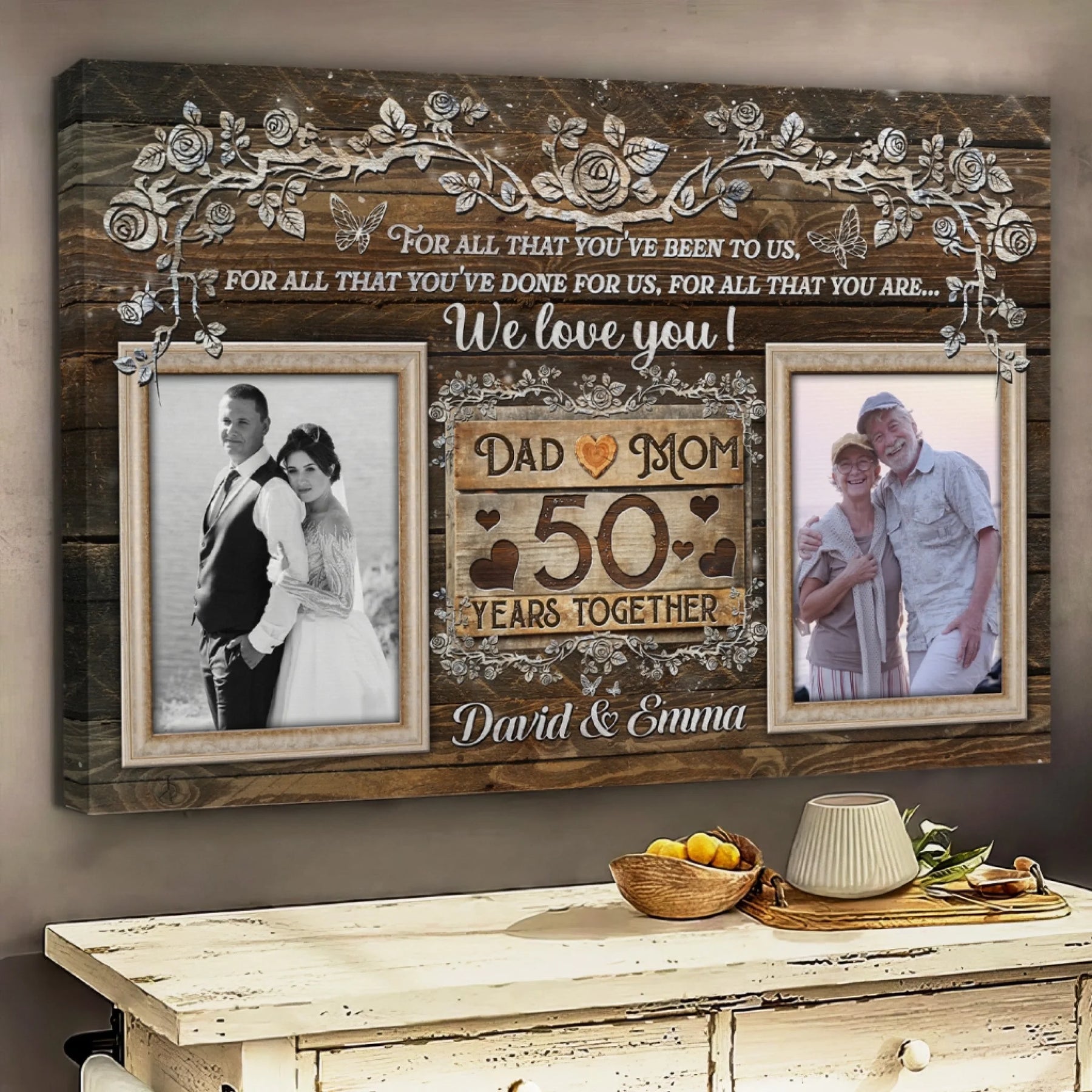 Custom 50th golden anniversary canvas print featuring photos of the couple and rustic wood theme for parents gift.